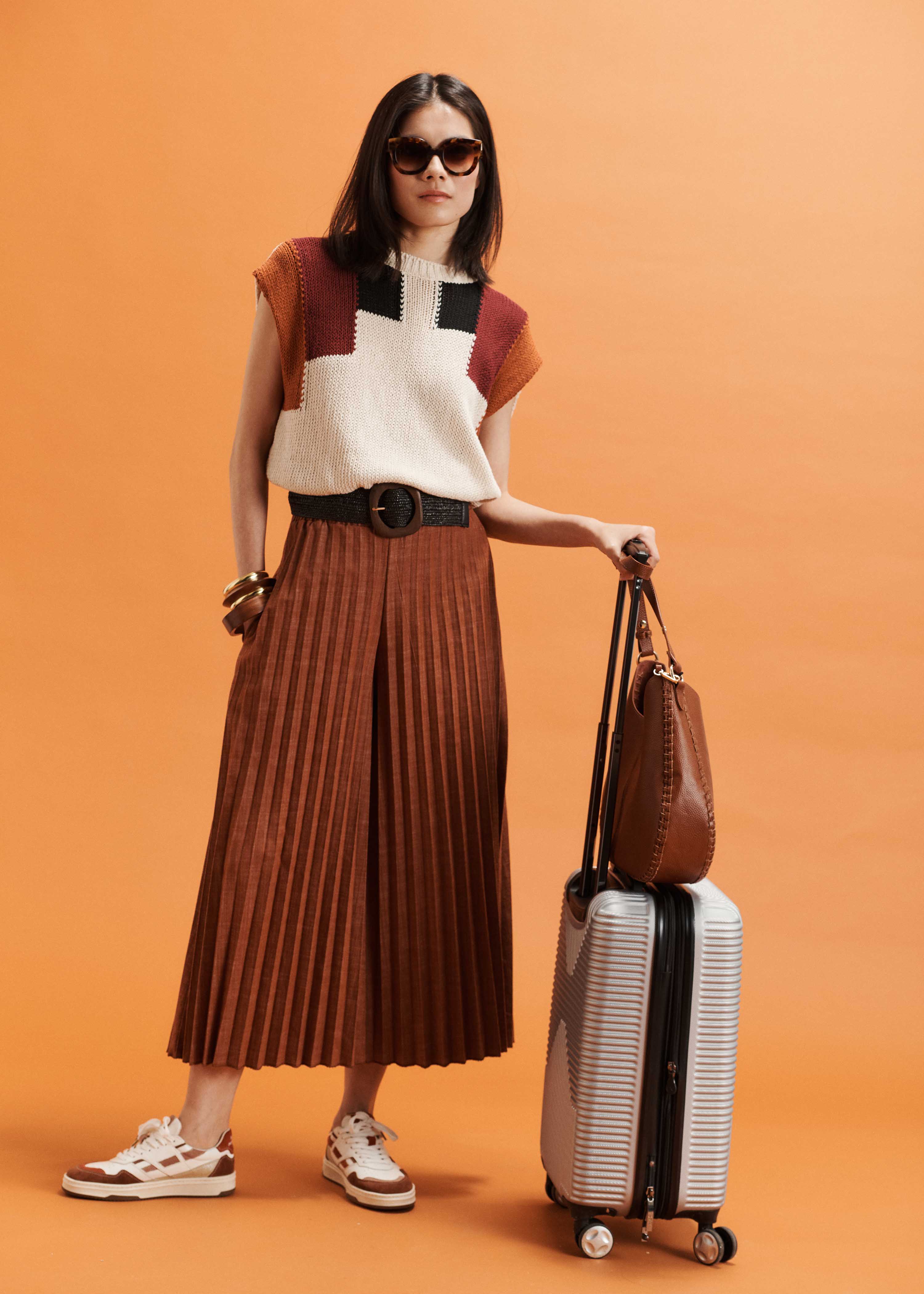 Plissé spijkerbroek terracotta met elastische taille