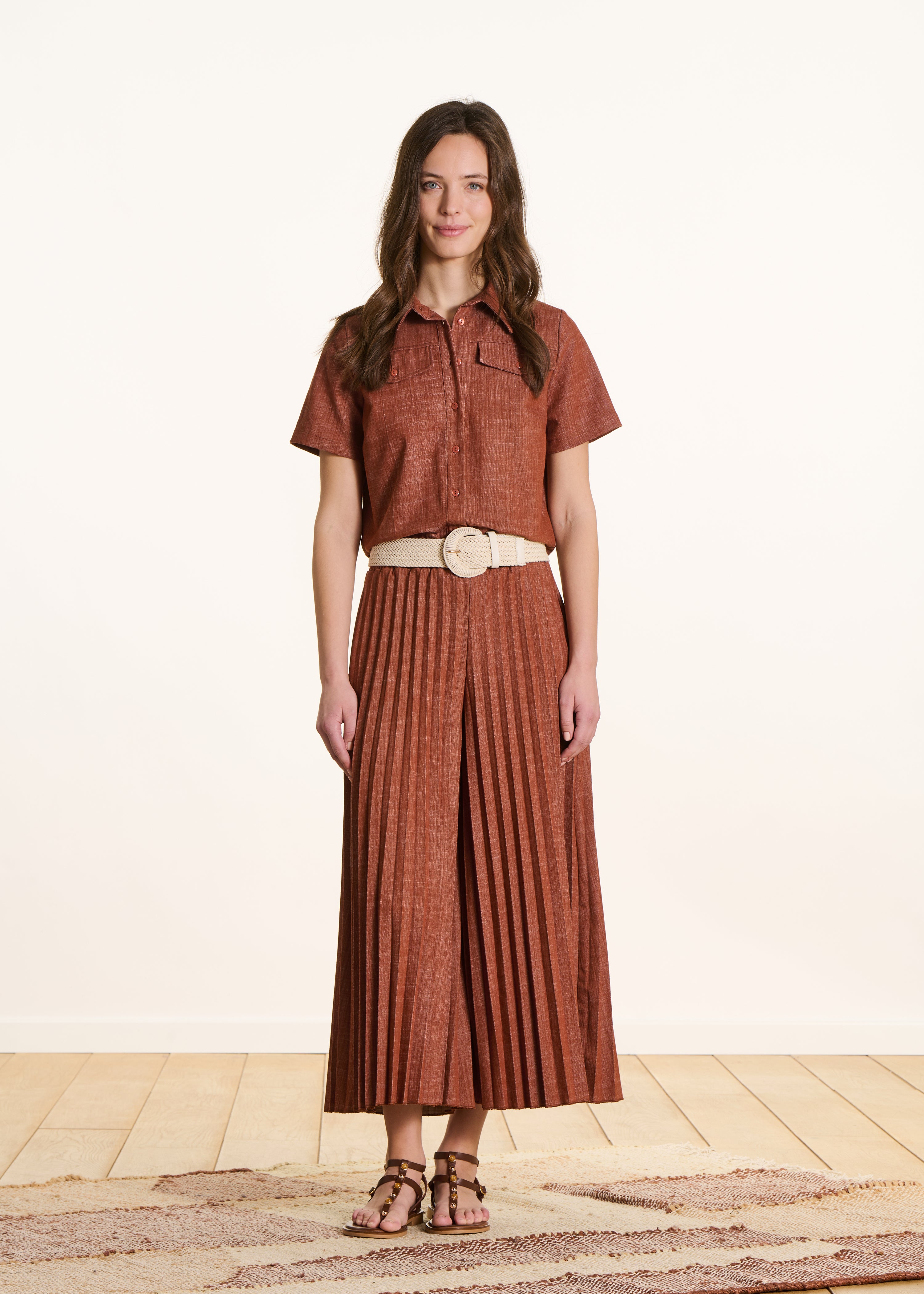 Plissé spijkerbroek terracotta met elastische taille