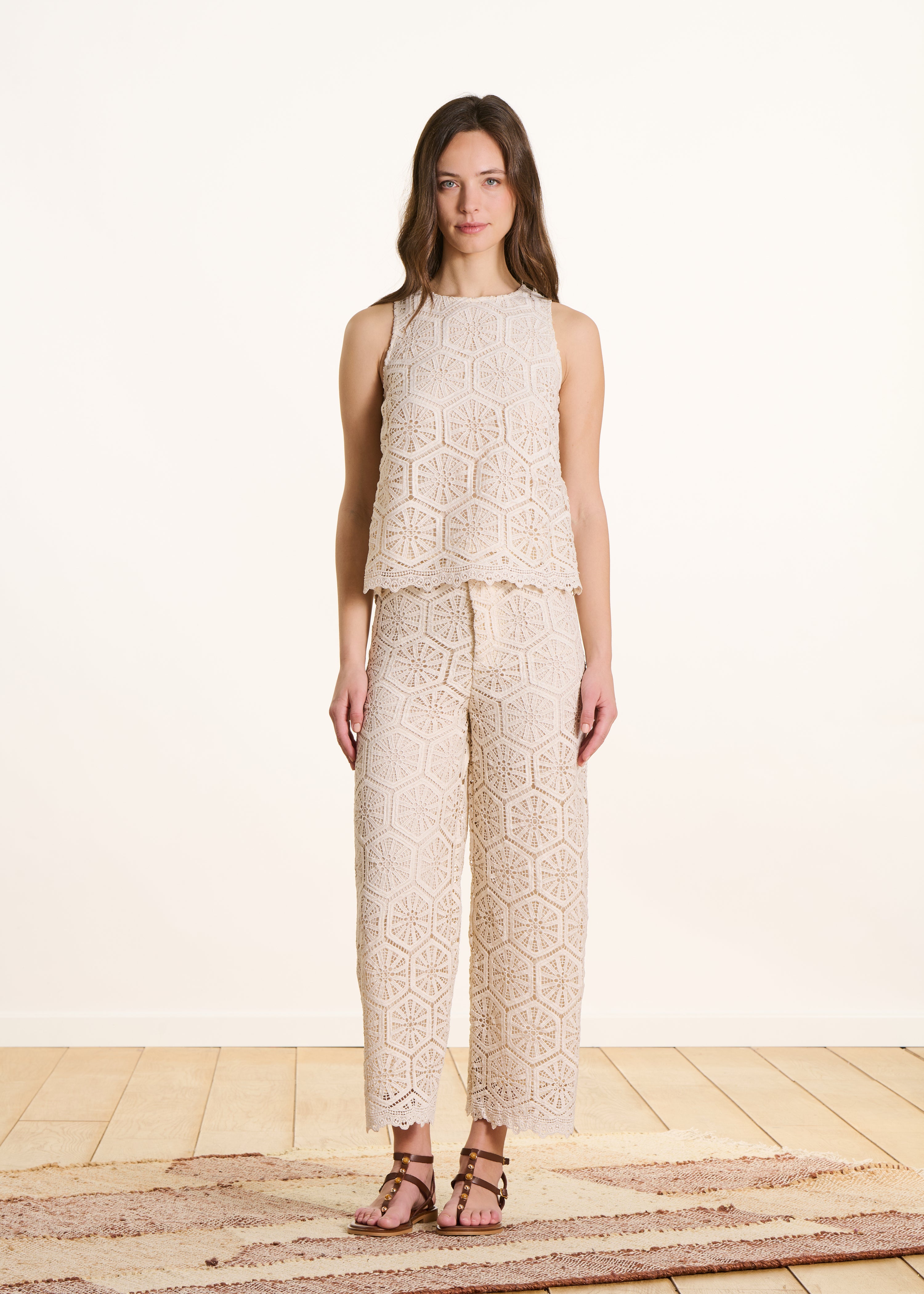 High-waisted straight-cut ivory lace trousers