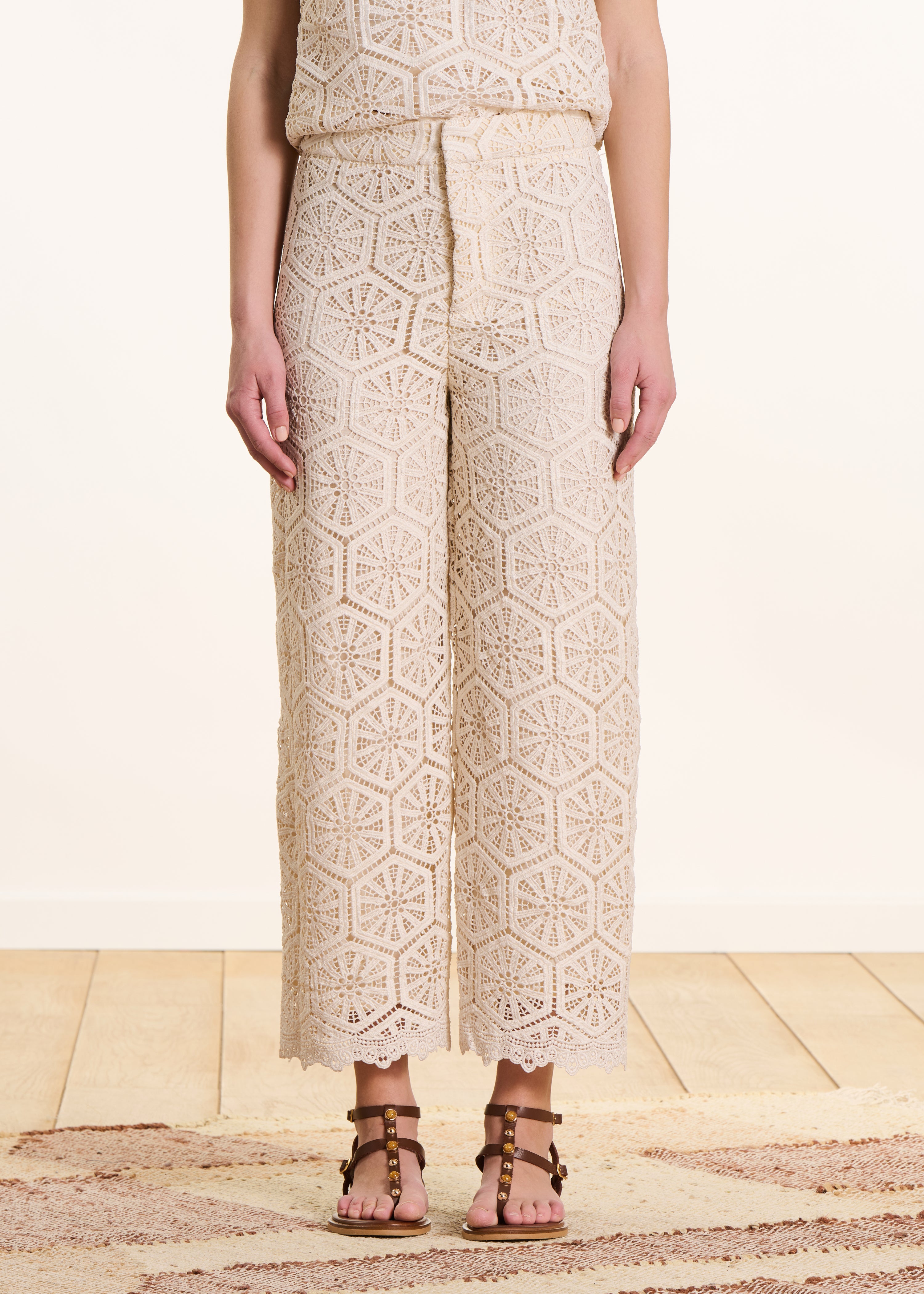 High-waisted straight-cut ivory lace trousers