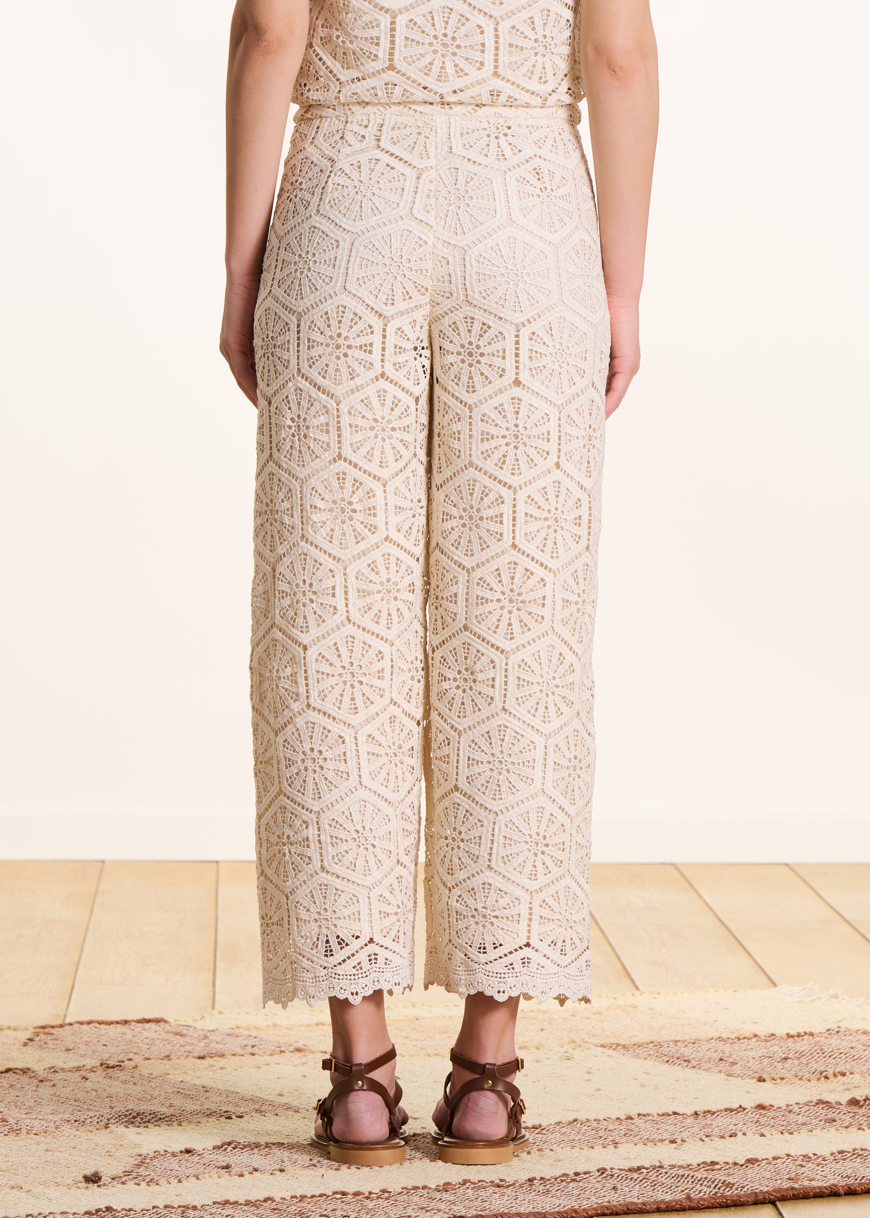 High-waisted straight-cut ivory lace trousers