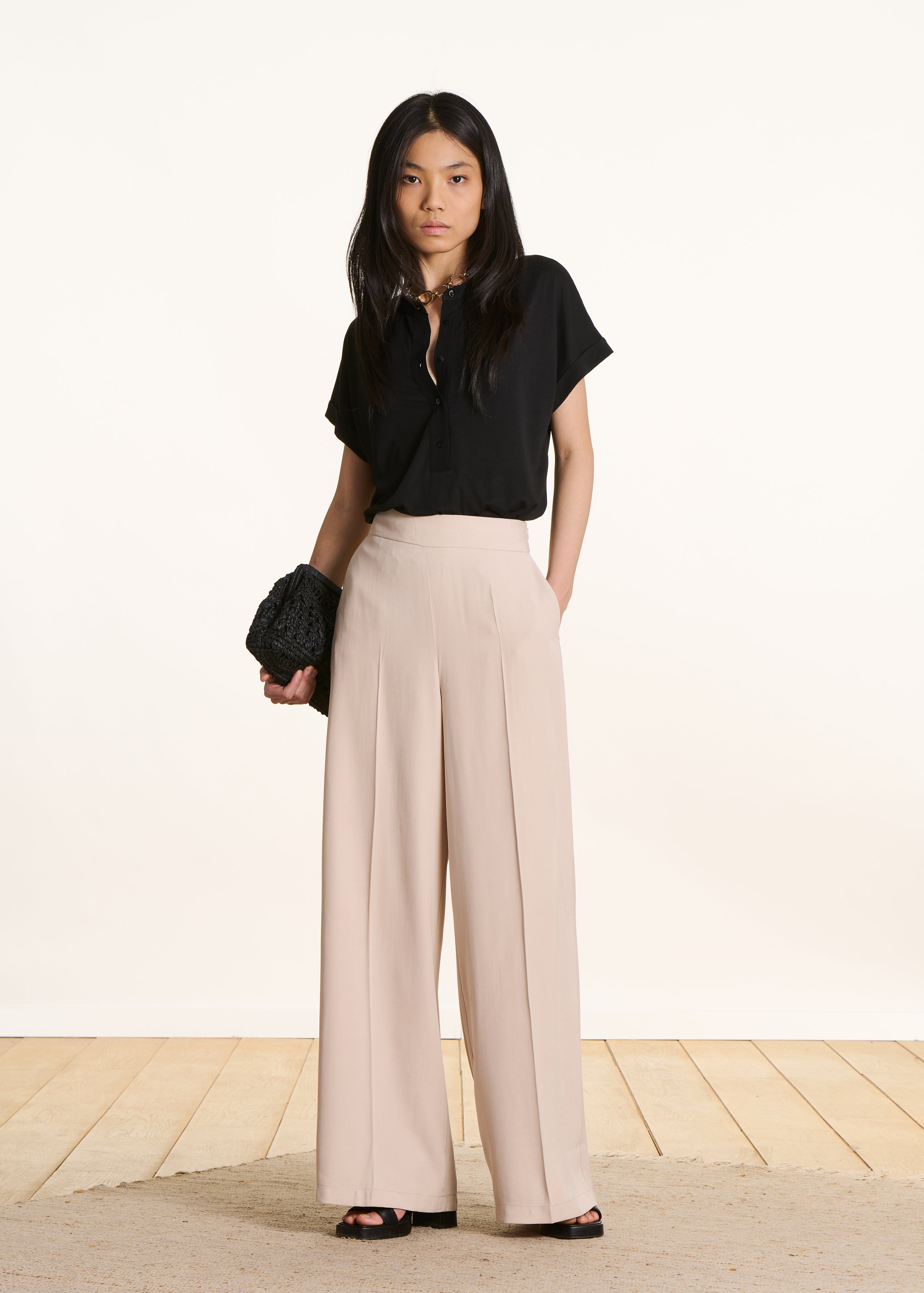 Beige wijde broek met hoge taille