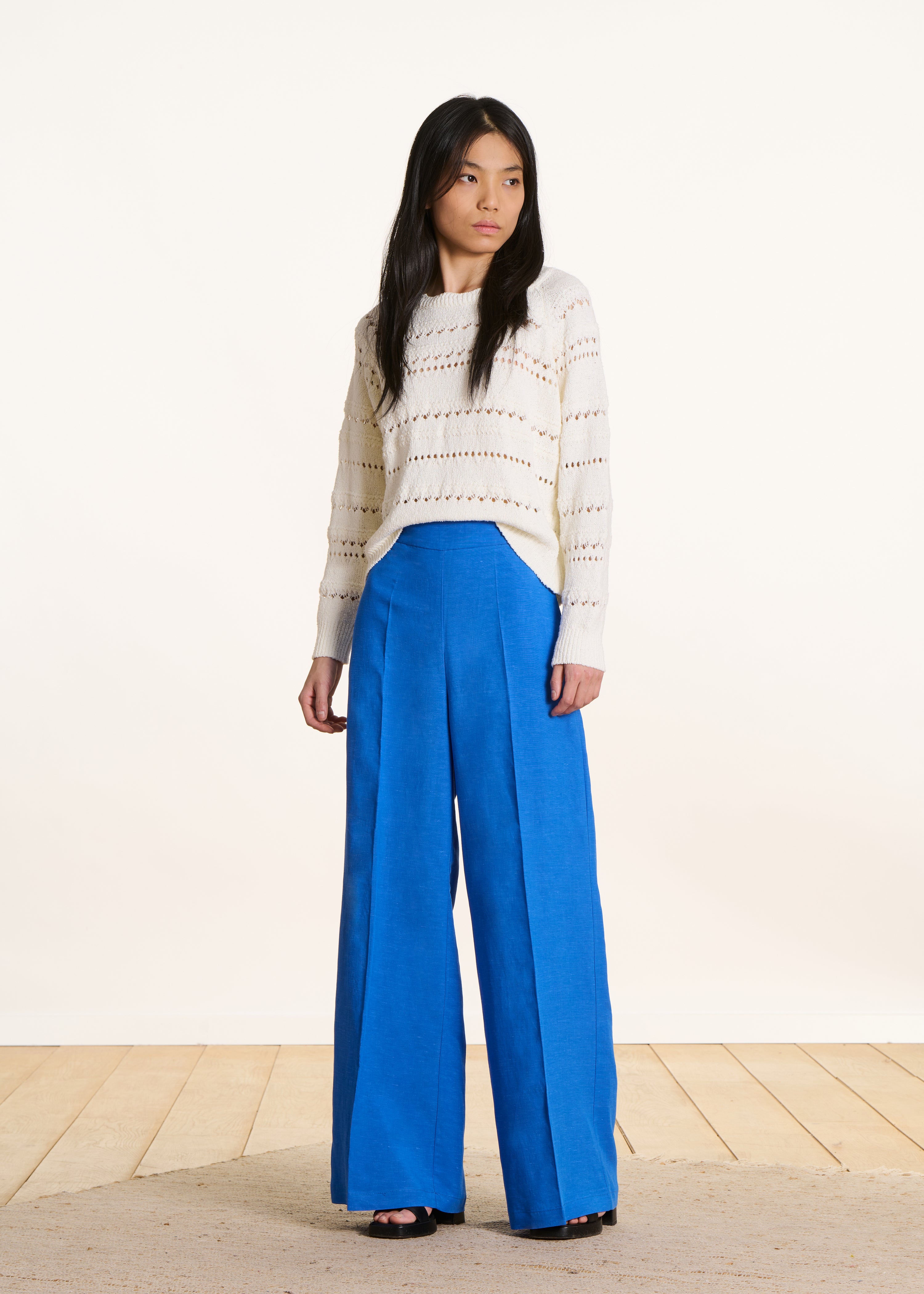 High-waisted wide-leg royal blue trousers