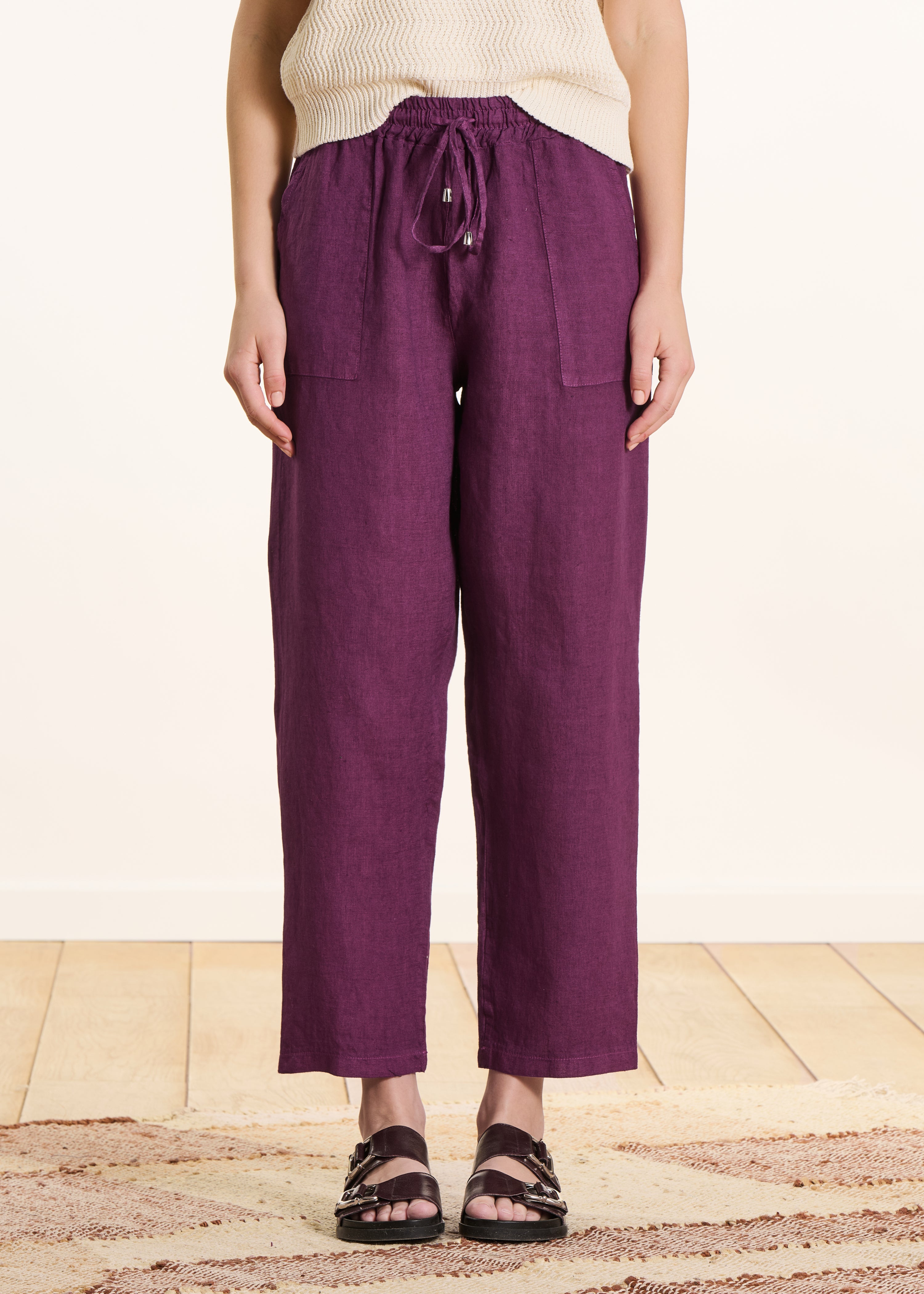 Pantaloni 7/8 in lino viola con vita elasticizzata