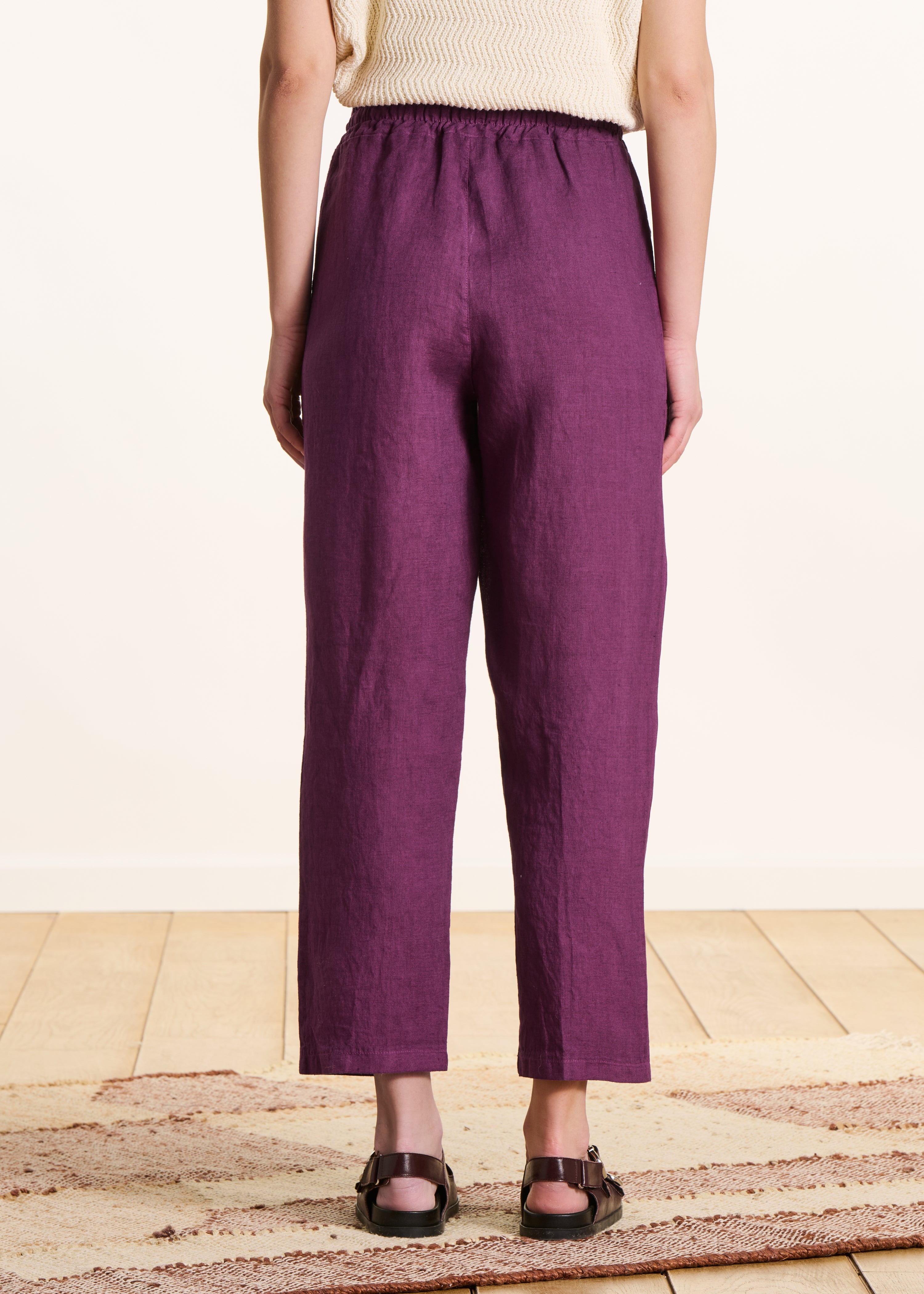 Pantaloni 7/8 in lino viola con vita elasticizzata