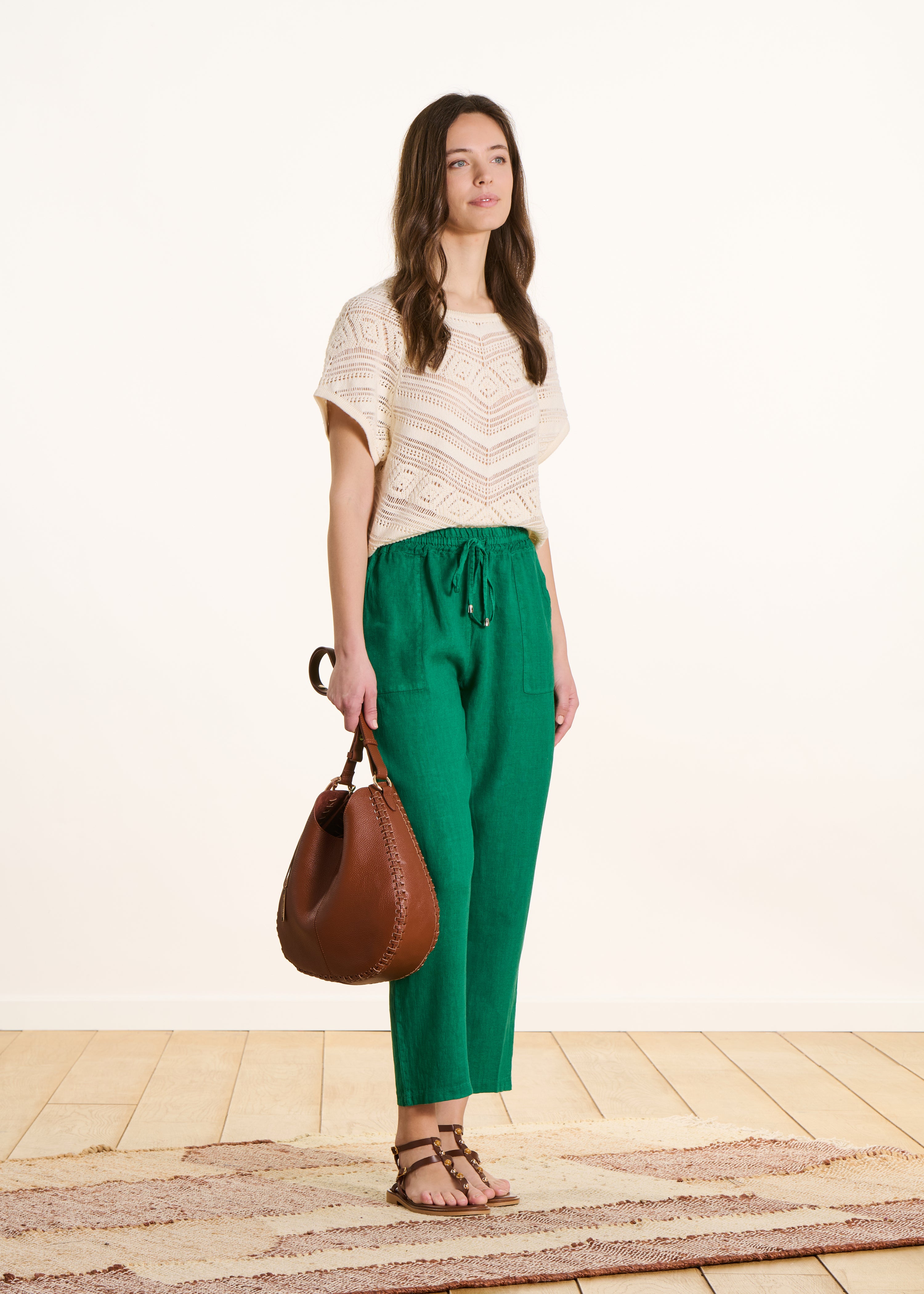 7/8 linnen broek in groen met elastische taille
