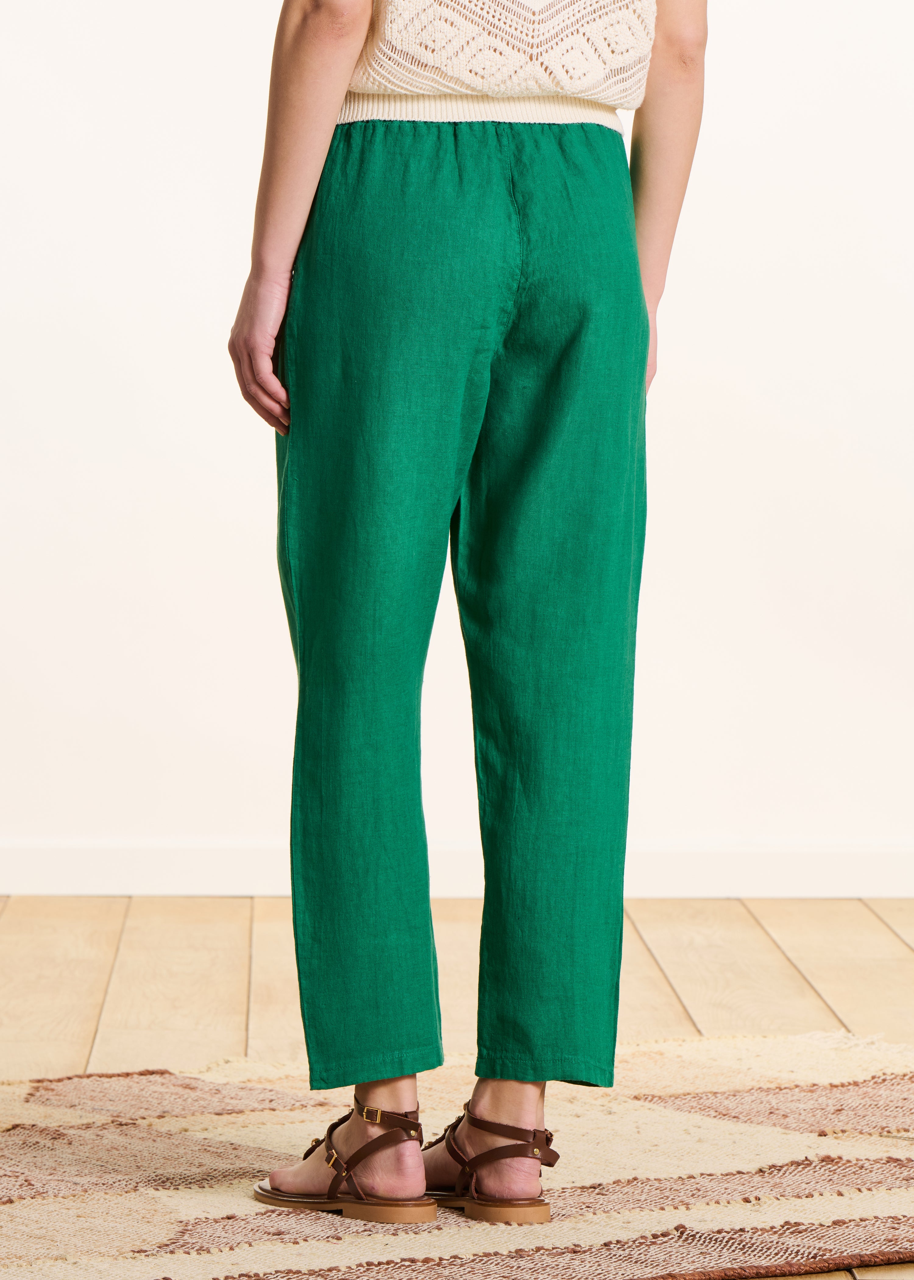 7/8 linnen broek in groen met elastische taille