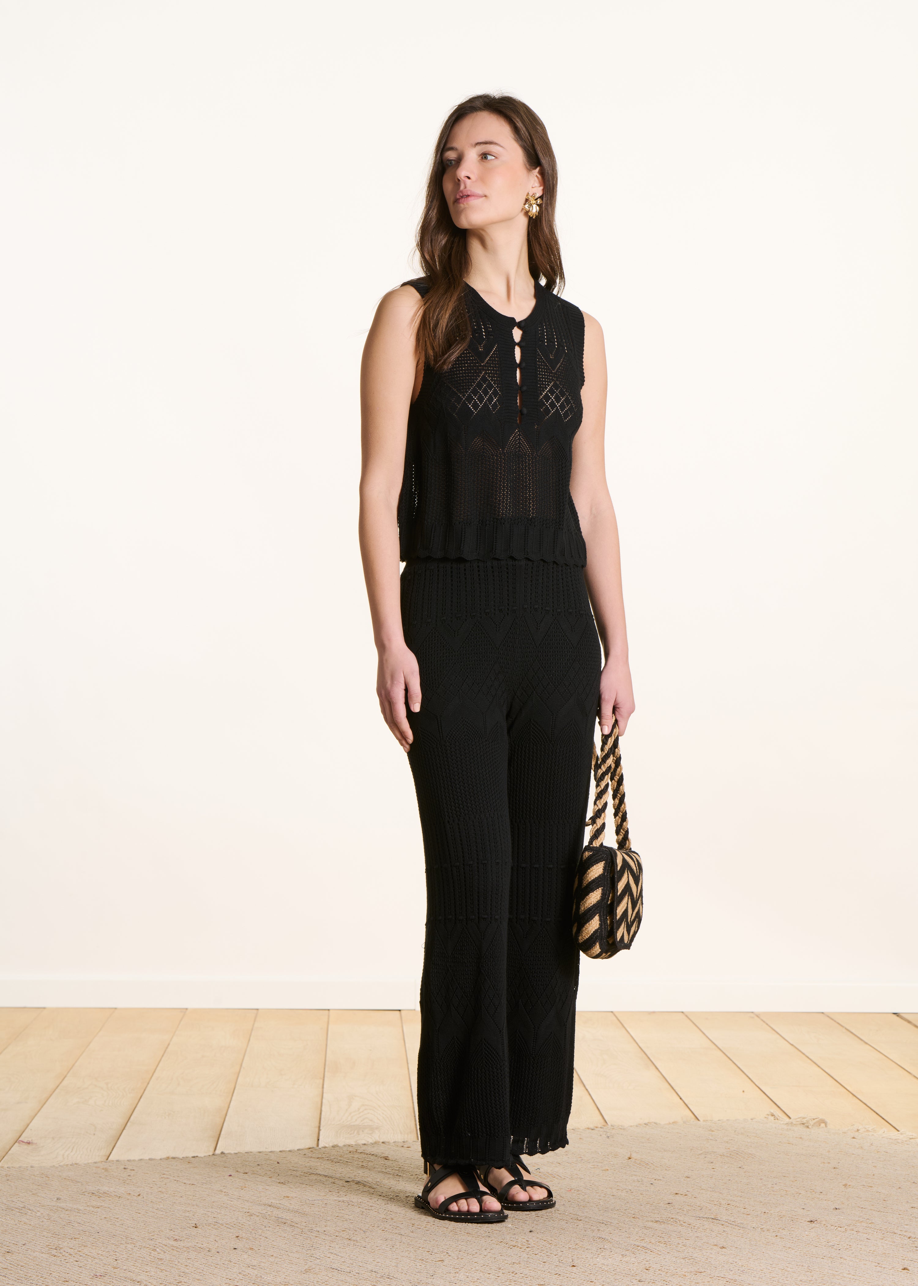 Black Pointelle Knit Pants with Lining