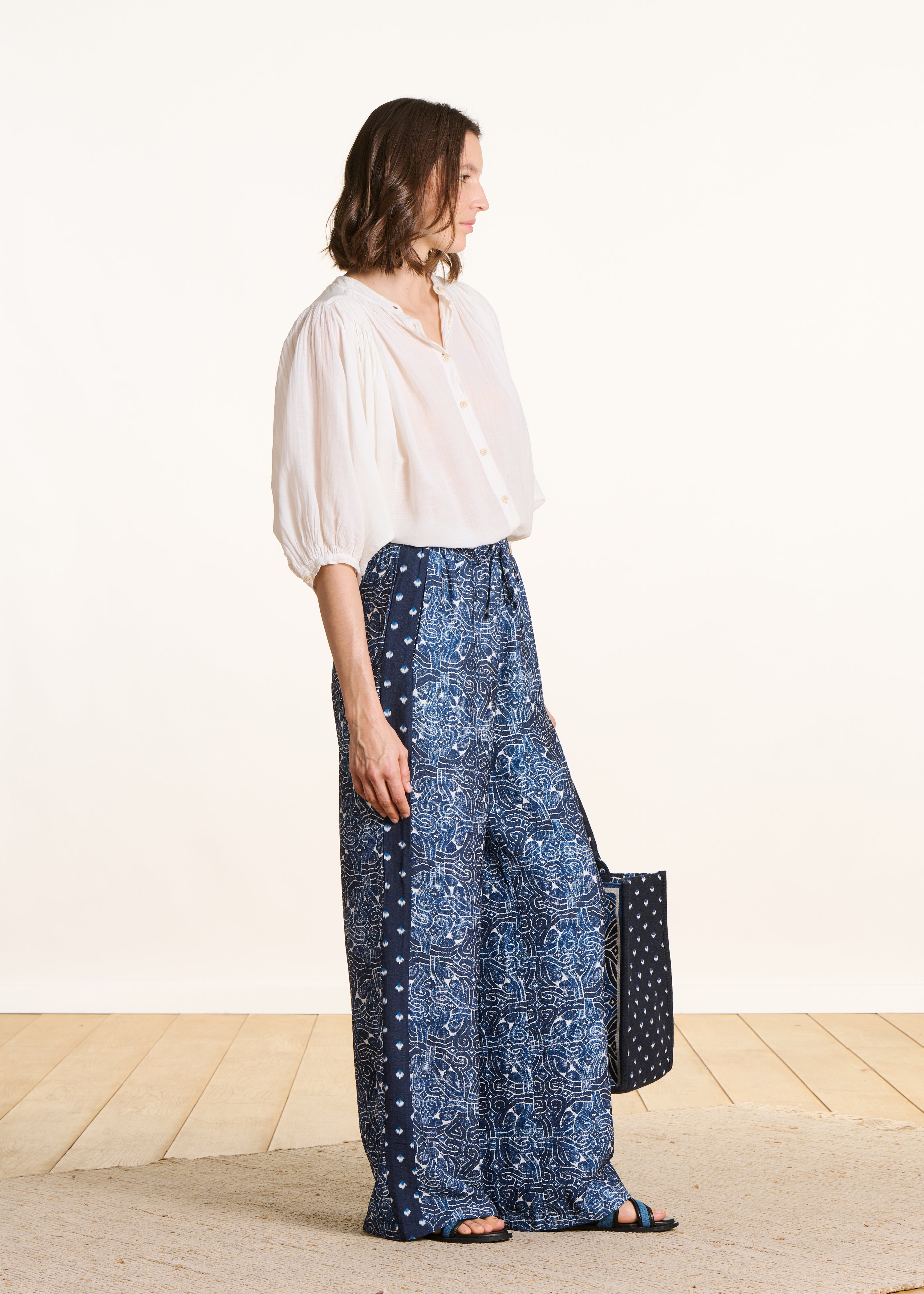 Wide blue patchwork printed trousers