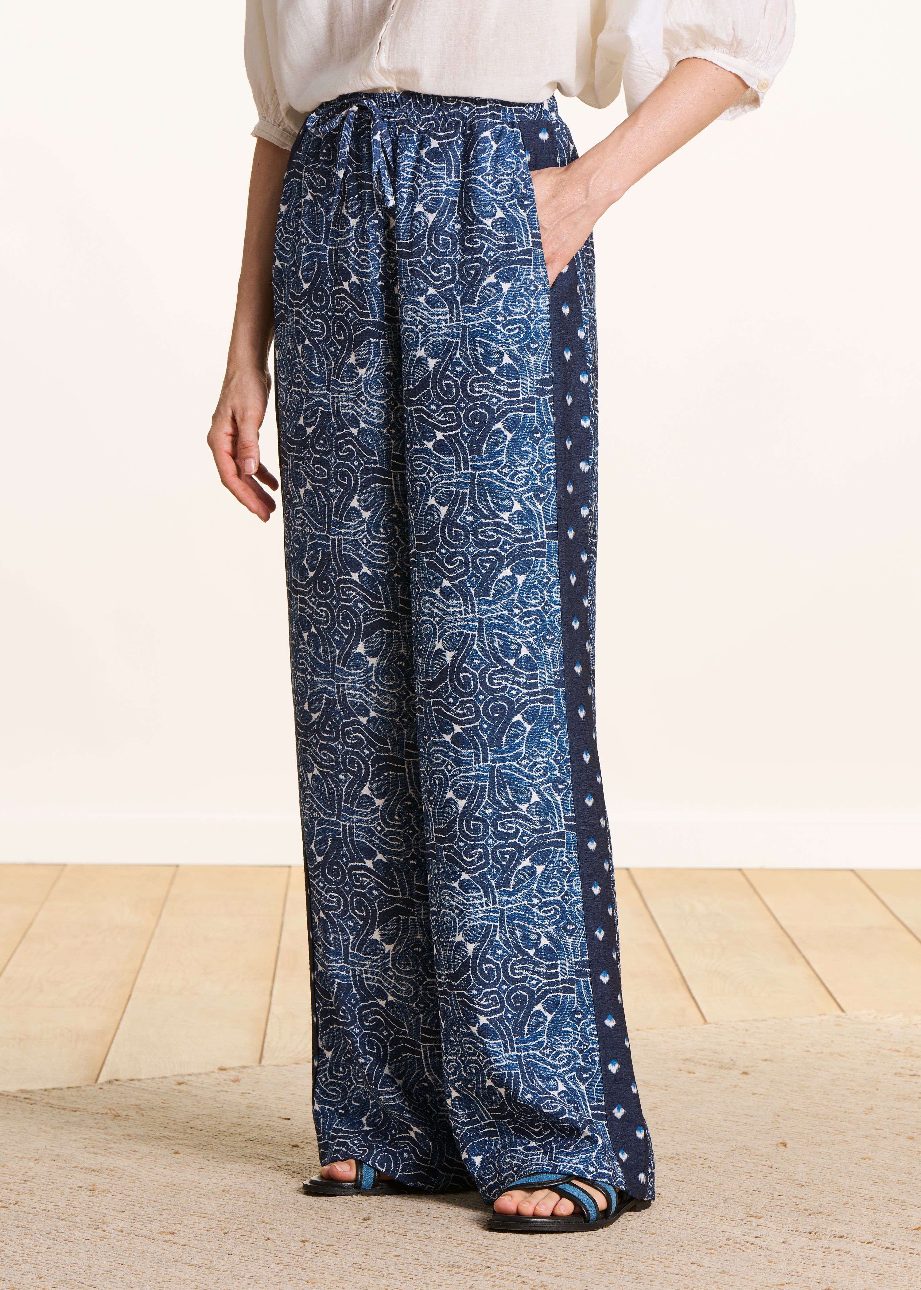 Wide blue patchwork printed trousers