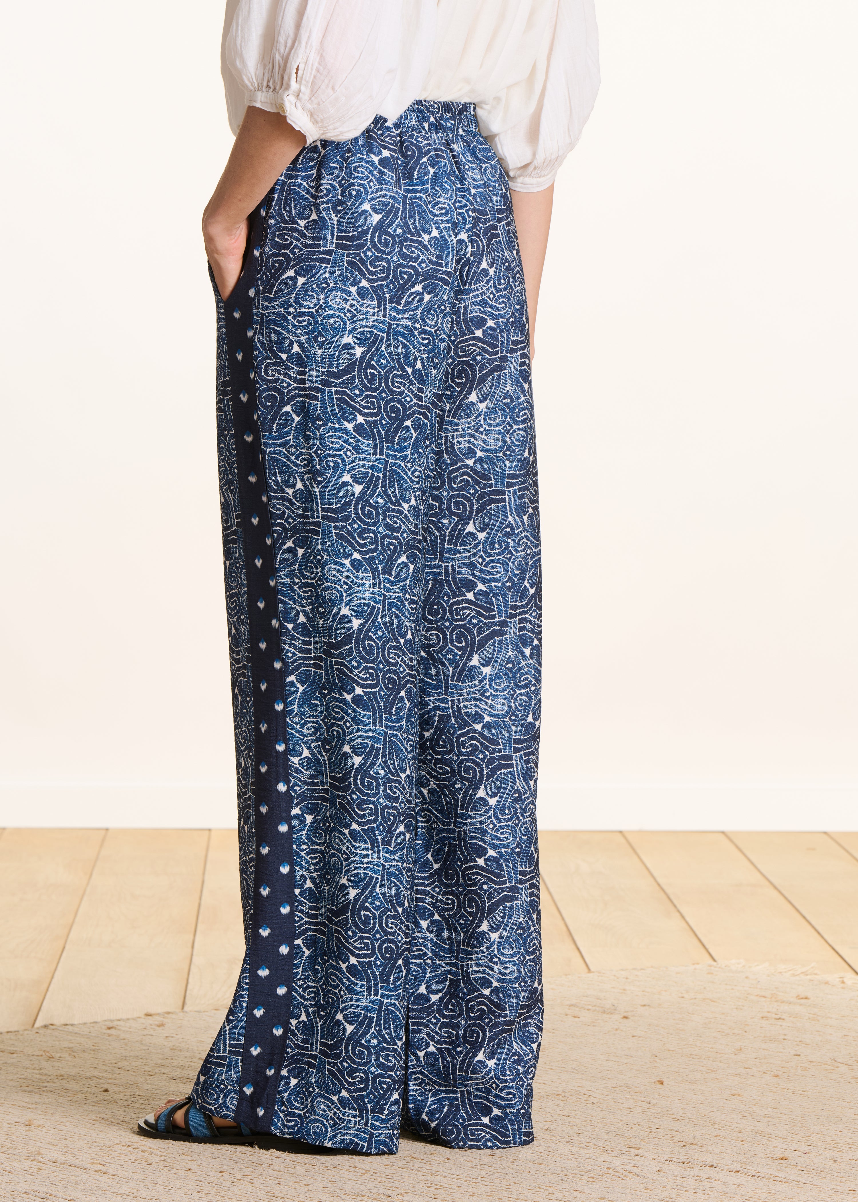 Wide blue patchwork printed trousers