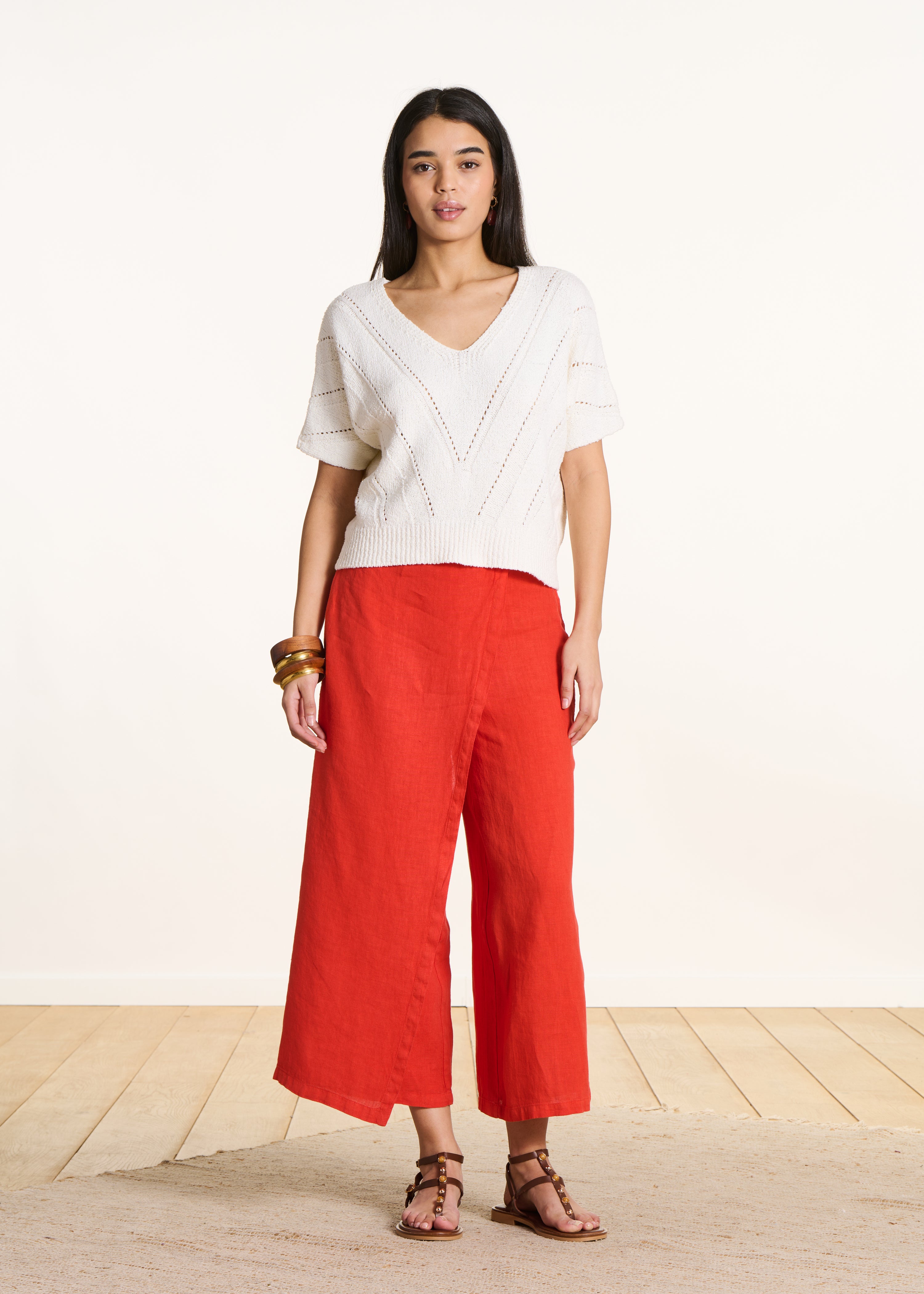 Oranje wijde 7/8 linnen broek met split