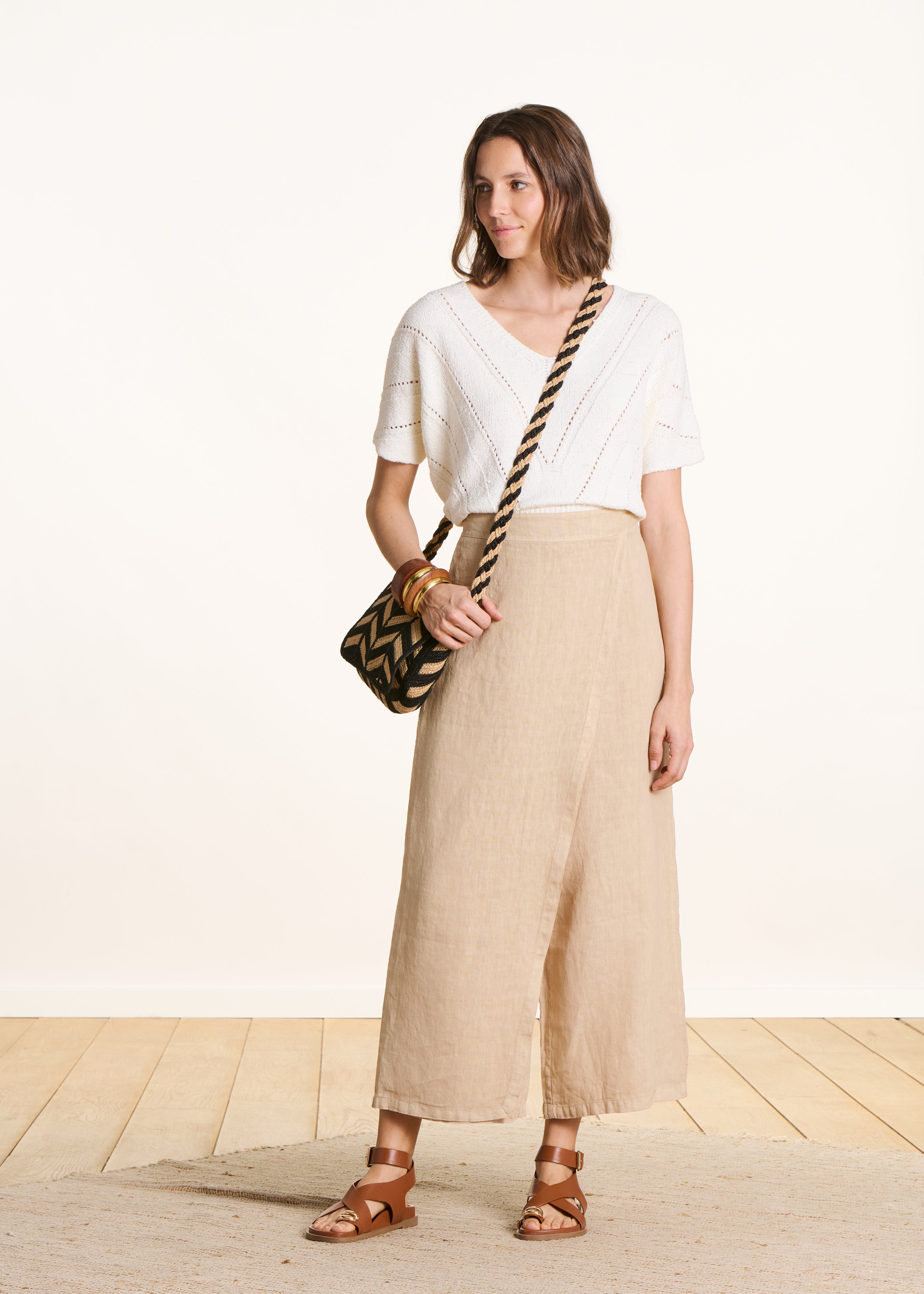 Pantalon large 7/8ème beige en lin avec pan