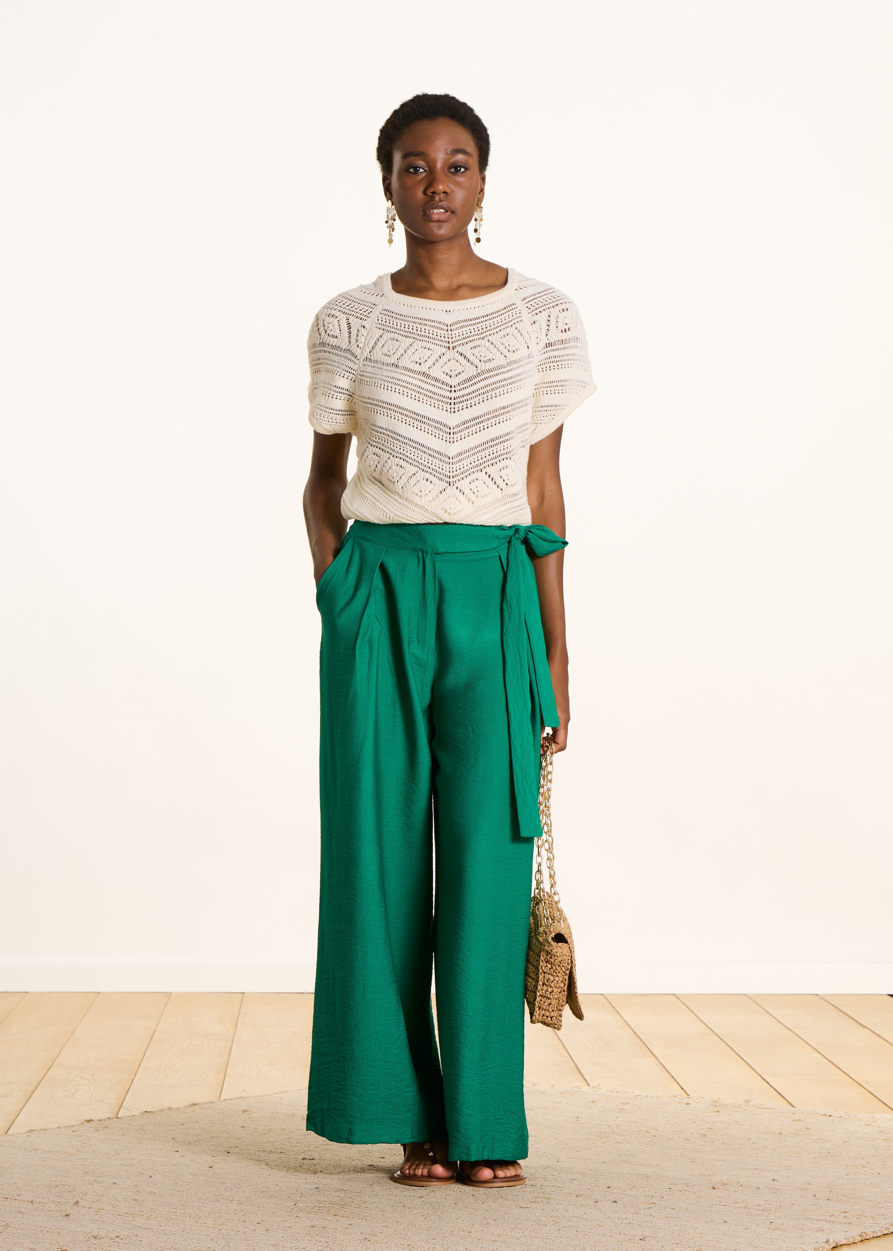 Pantaloni larghi verdi in jacquard