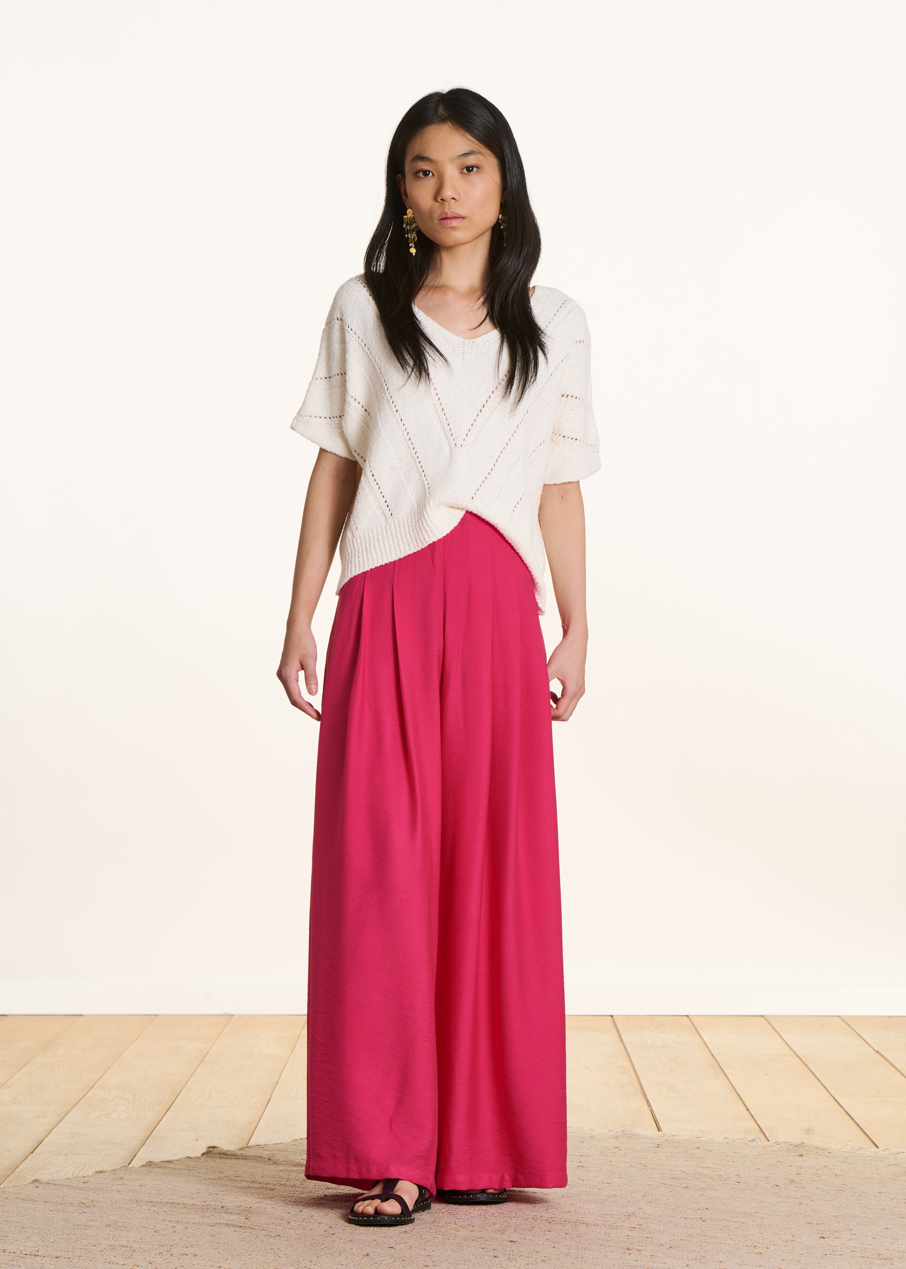 Lange fuchsia roze broek met hoge, elastische taille