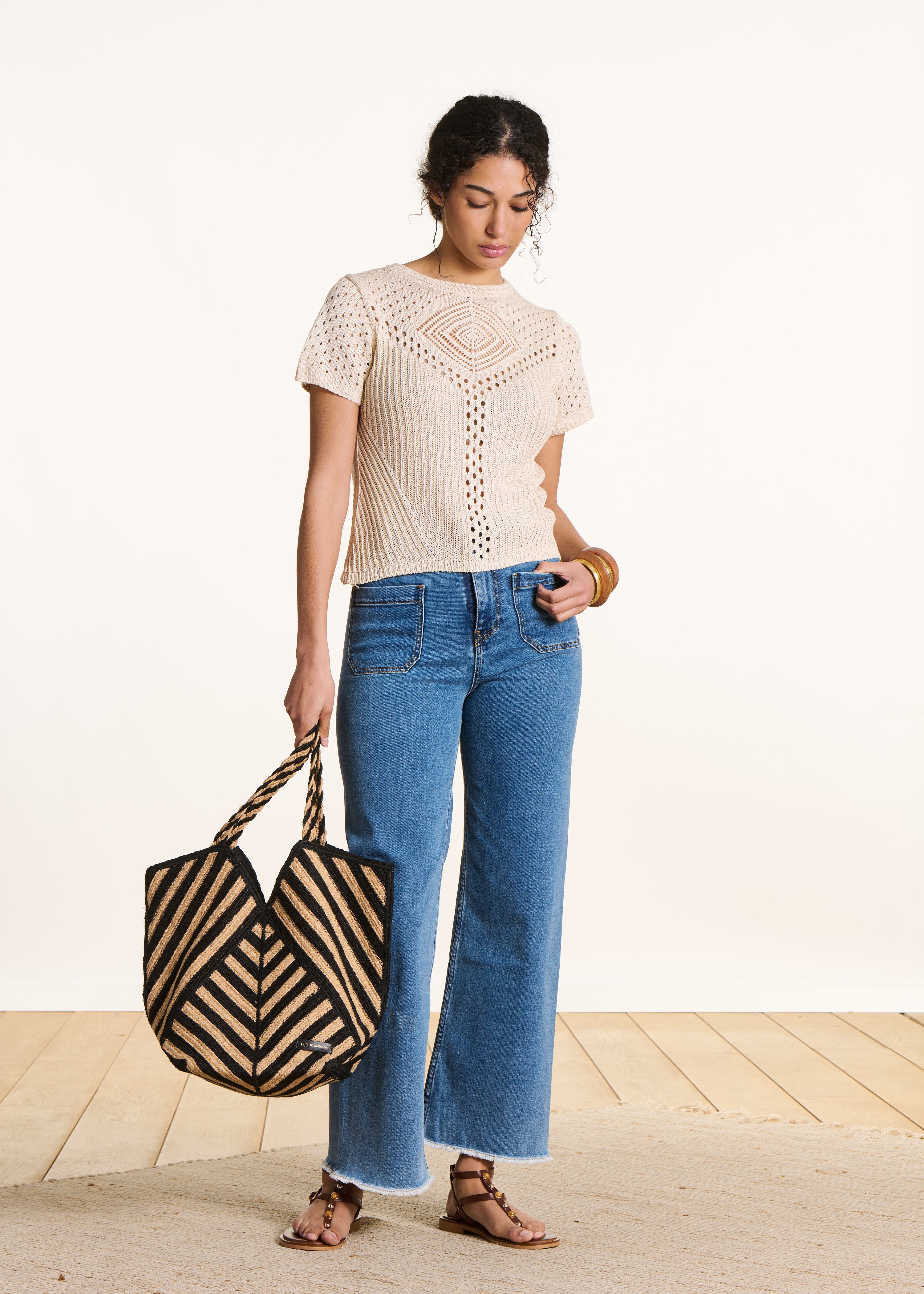 Maglione écru in maglia crochet traforata