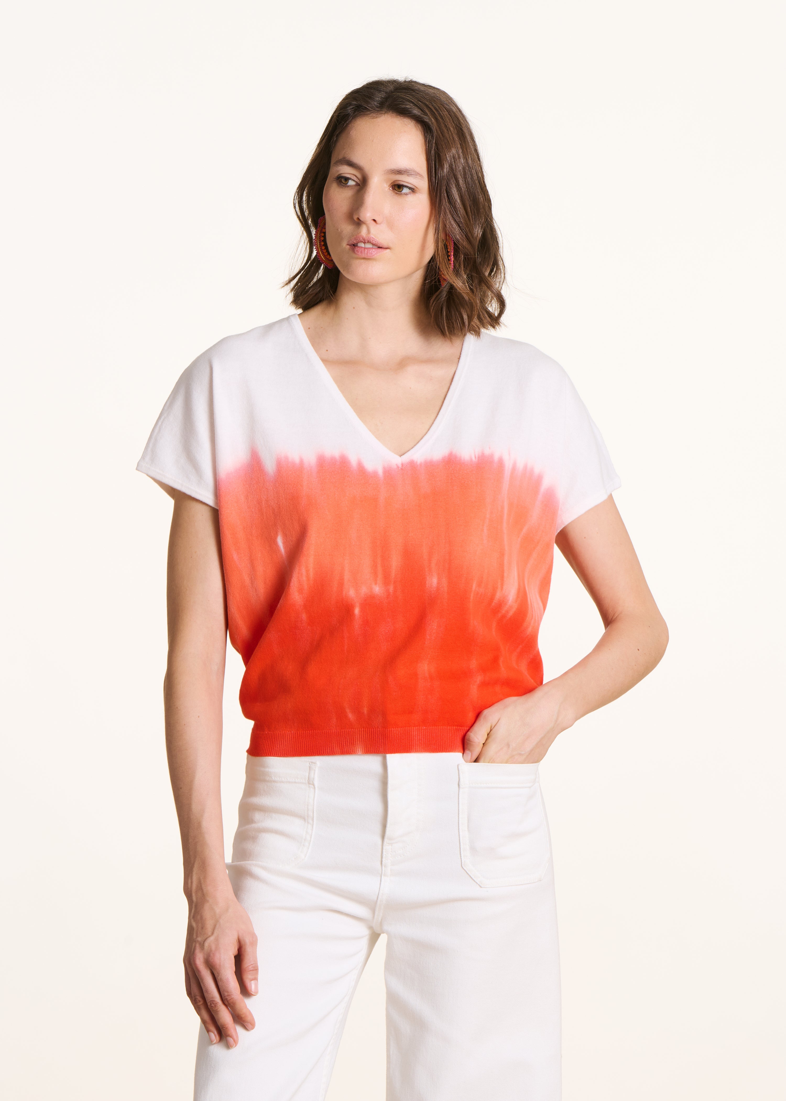 Camisola de manga curta em algodão biológico tie & dye laranja