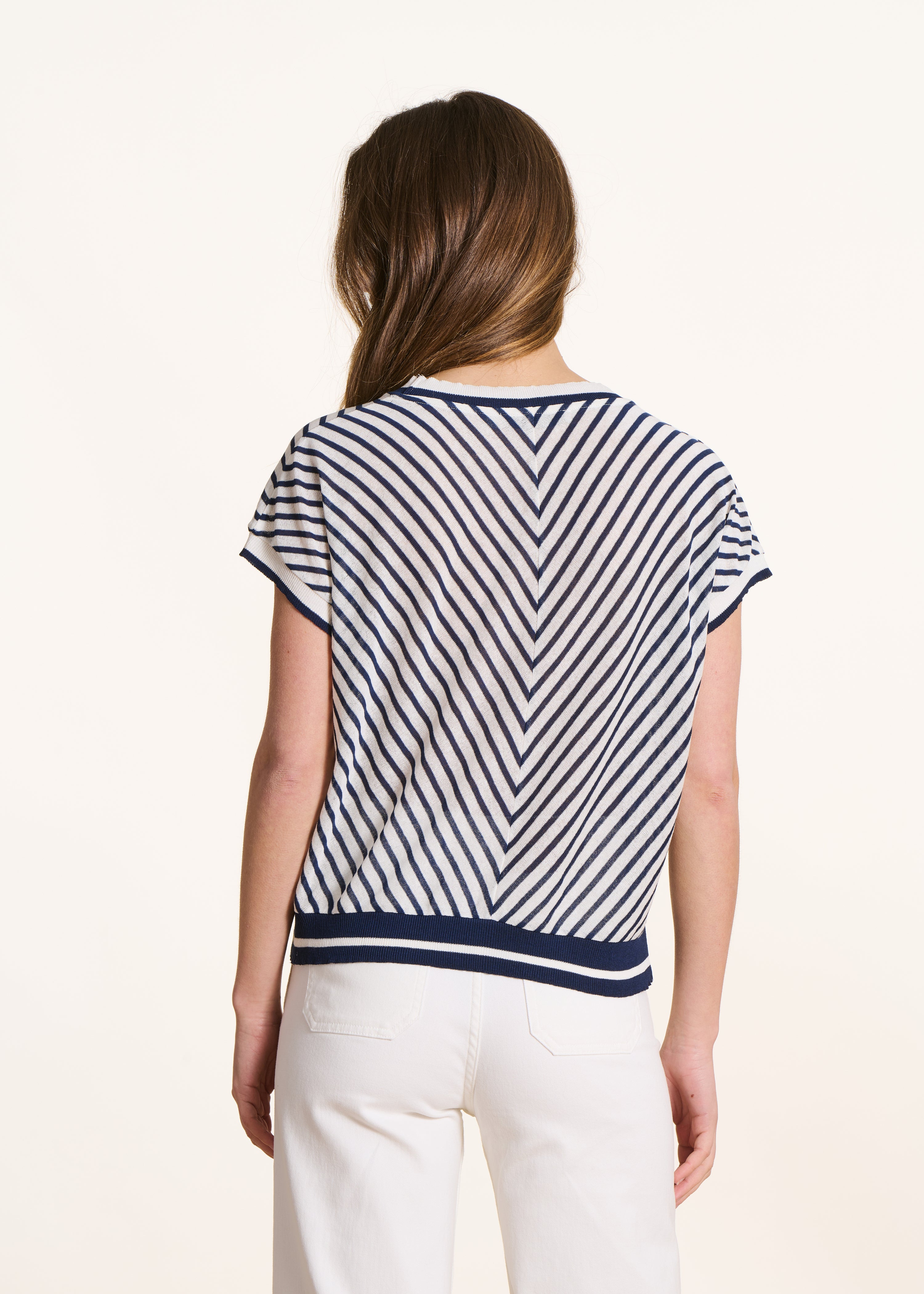 Short Ecru Sweater with Blue Stripes in Fine Knit, Short Sleeves