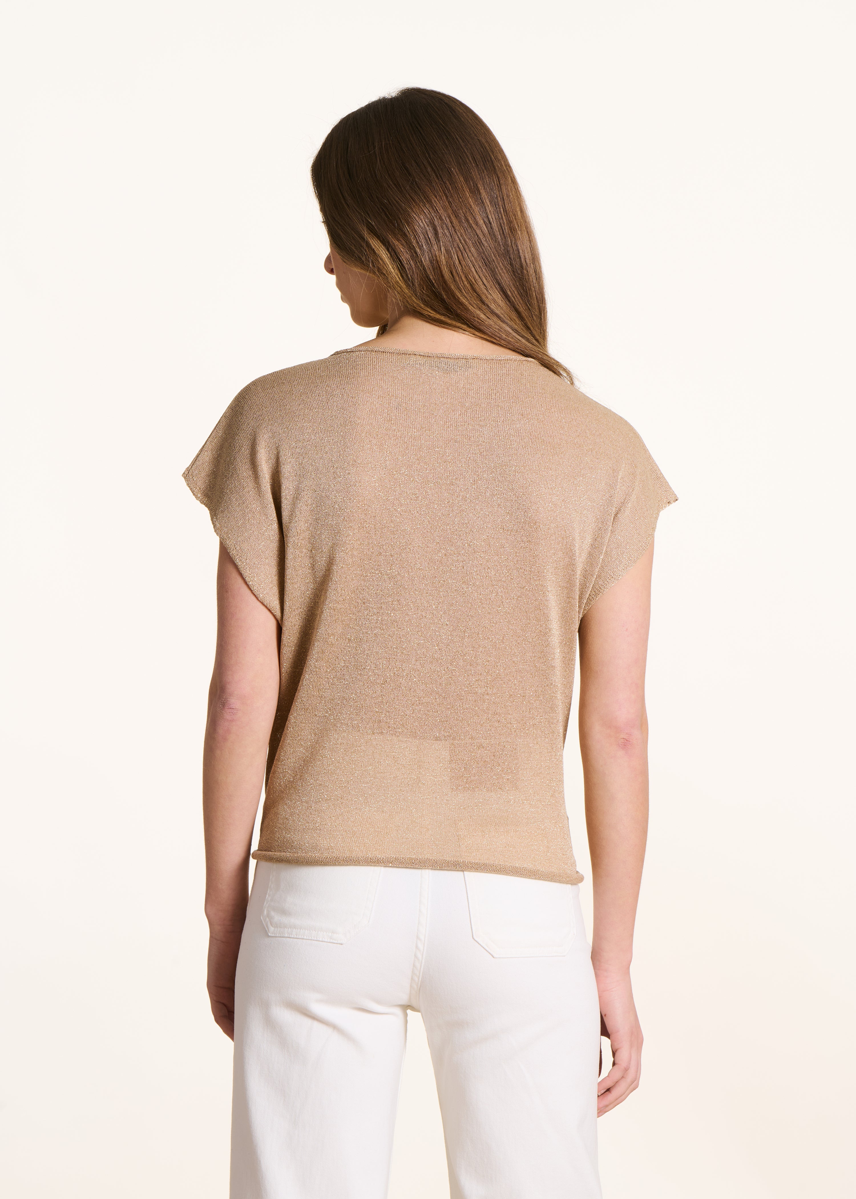 Feinstrickpullover in Goldbronze mit kurzen Ärmeln