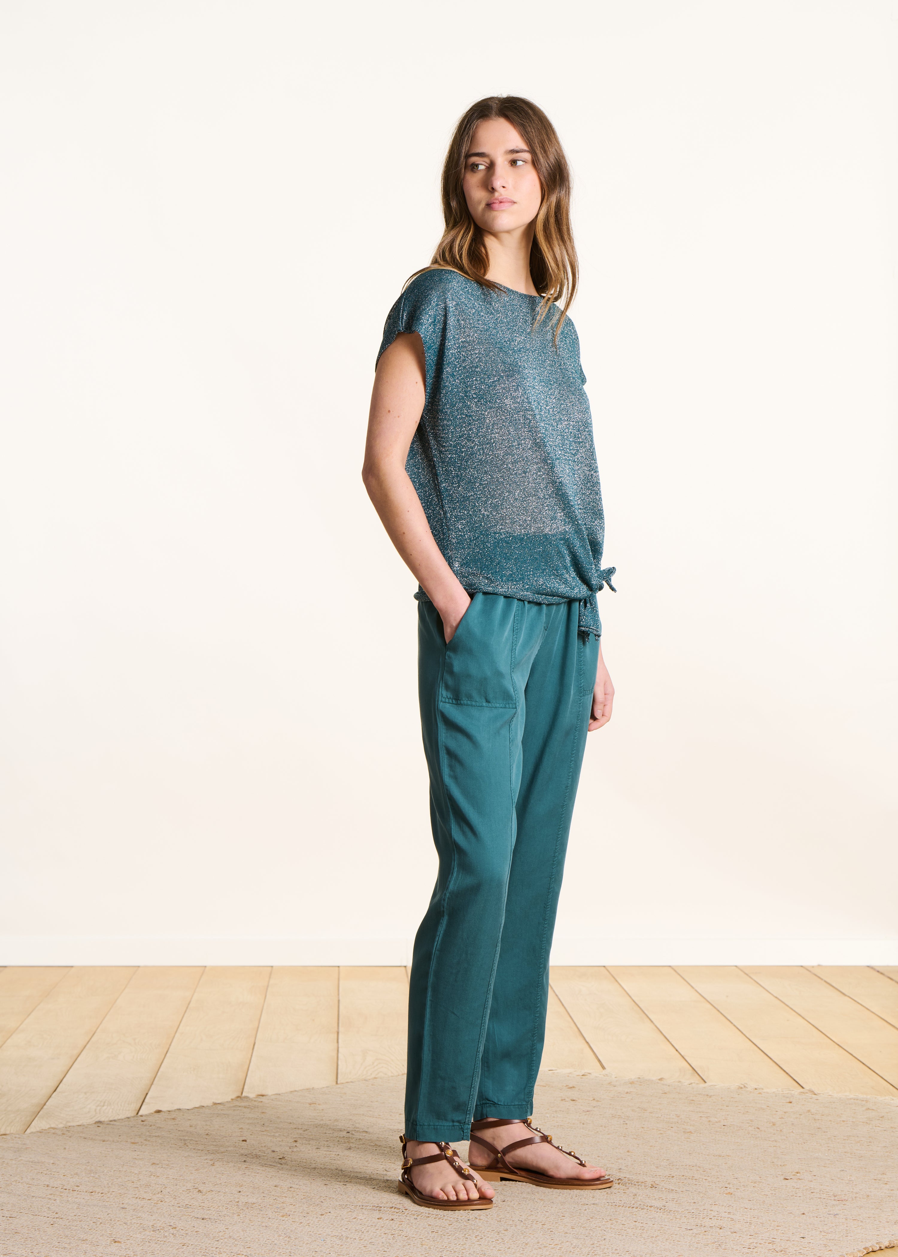 Petrol Blue Fine Iridescent Knit Short Sleeve Sweater