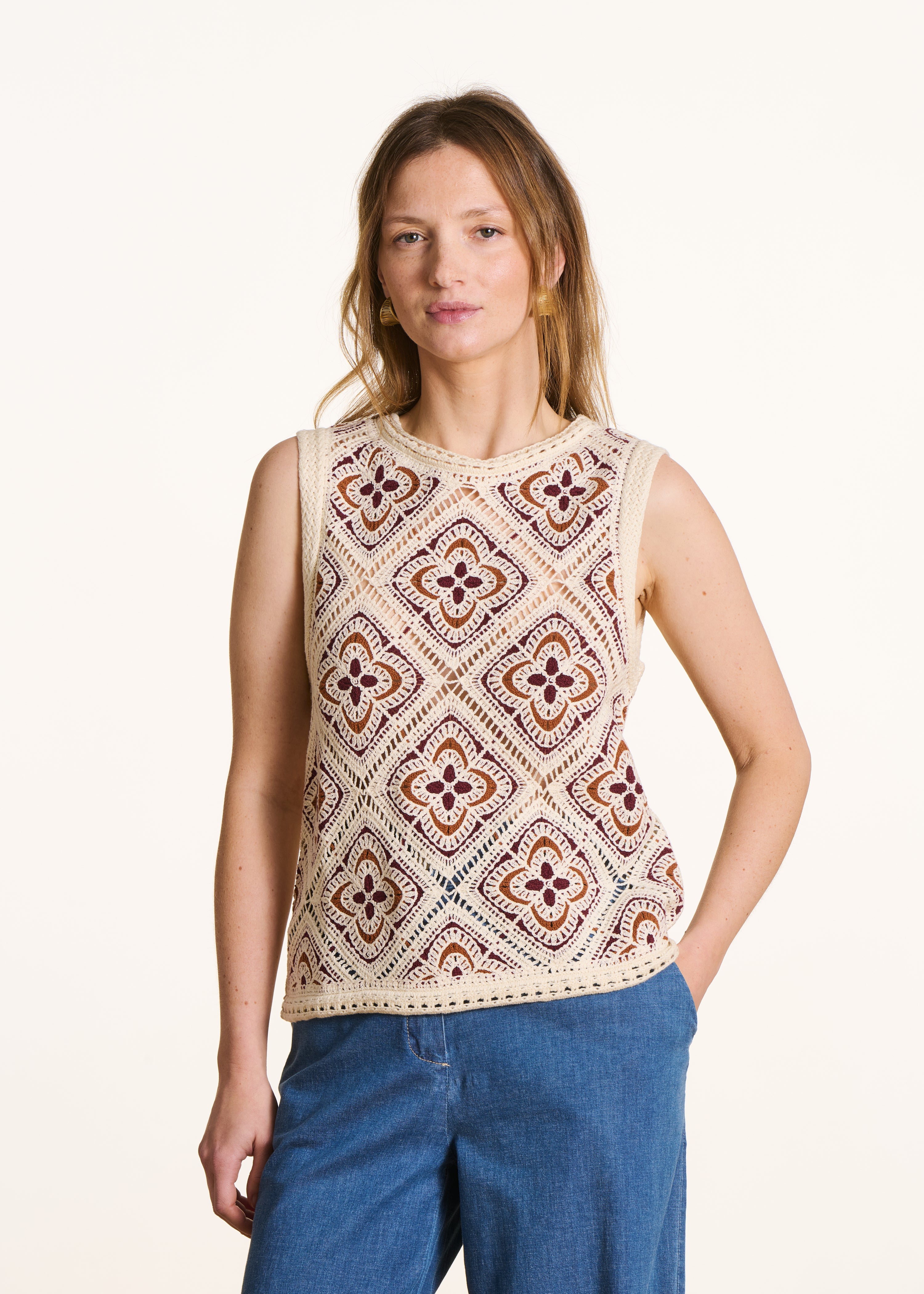 Sleeveless Ecru Crochet Knit Sweater