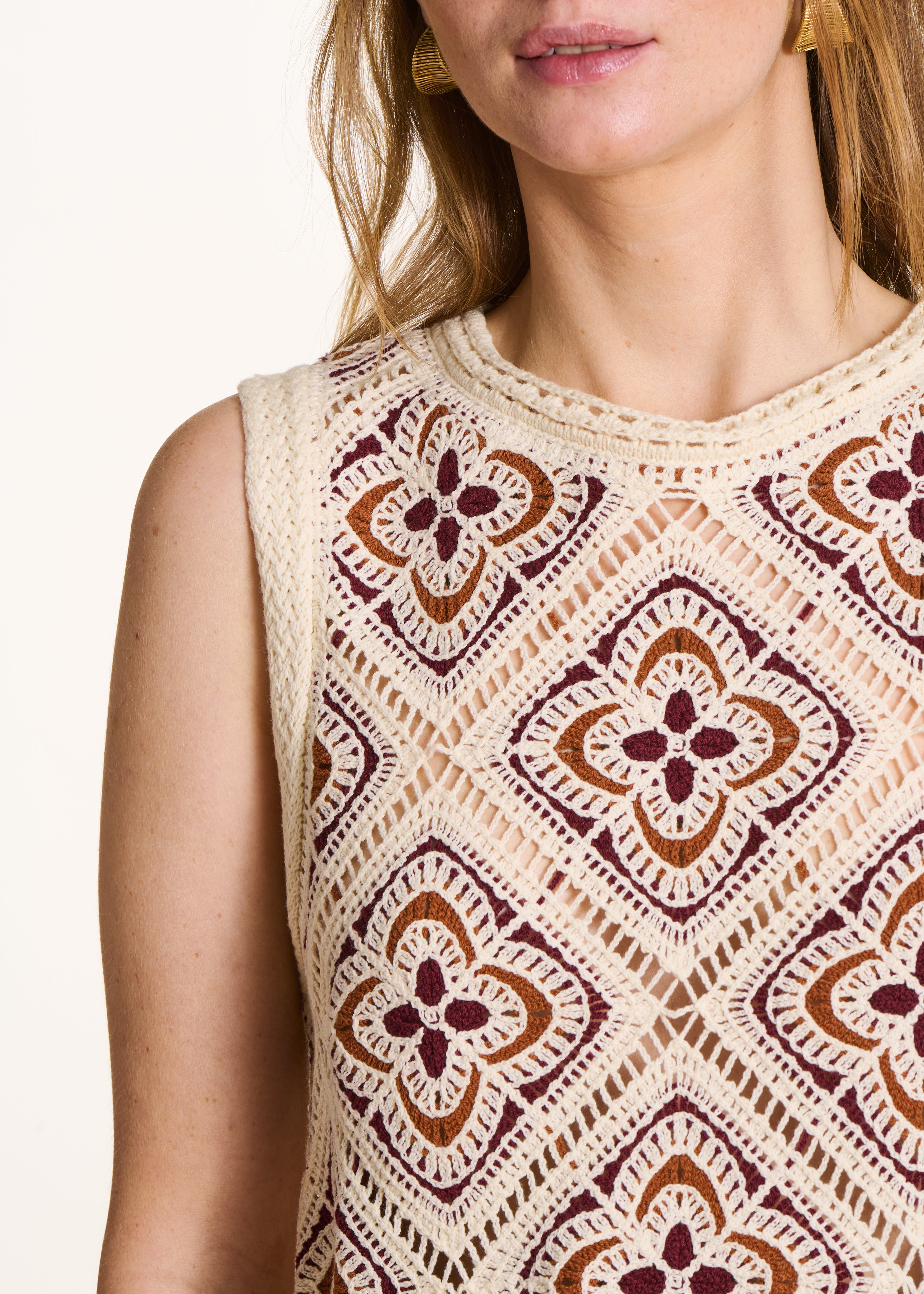 Sleeveless Ecru Crochet Knit Sweater