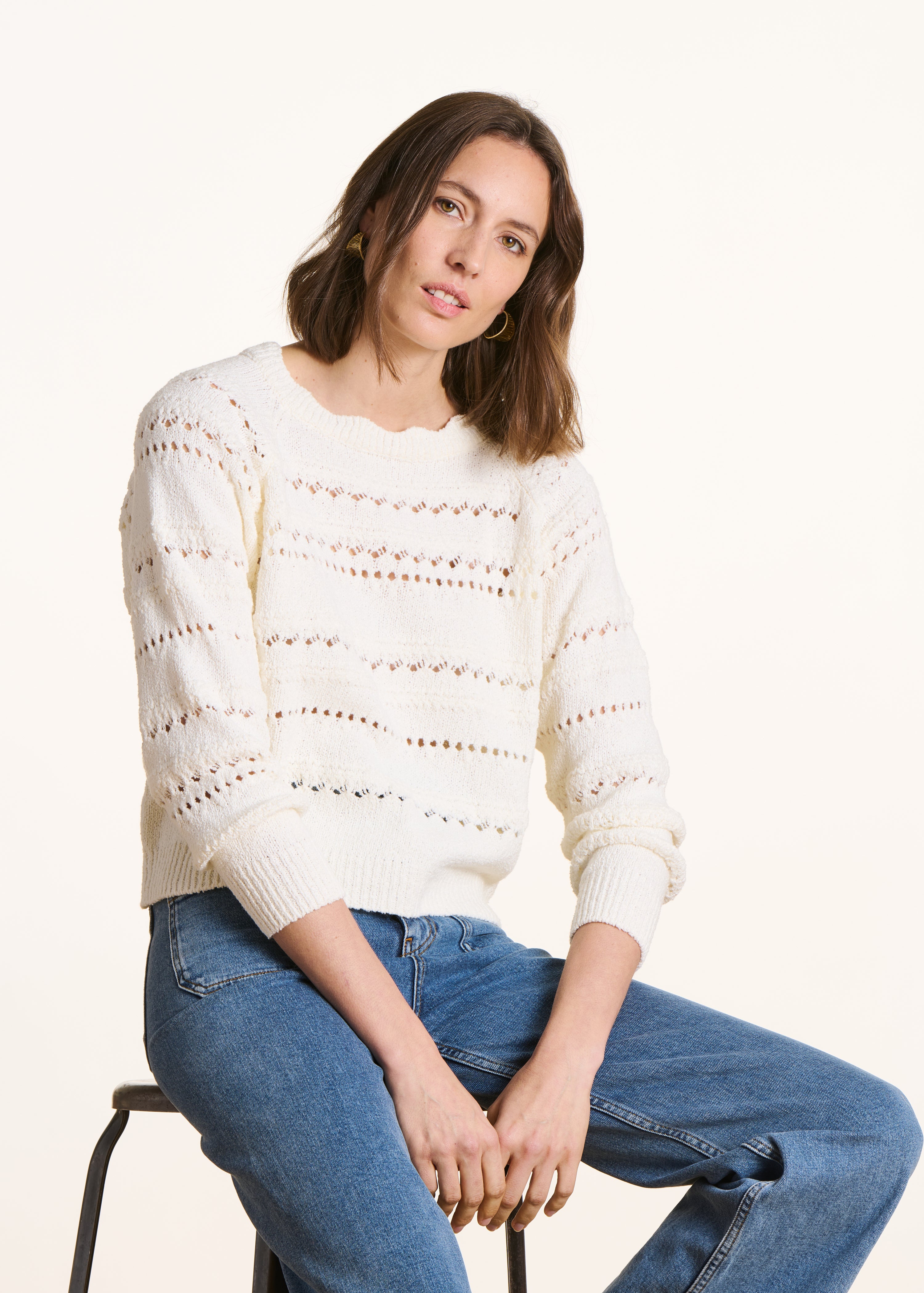 Ecru openwork knit sweater long sleeves
