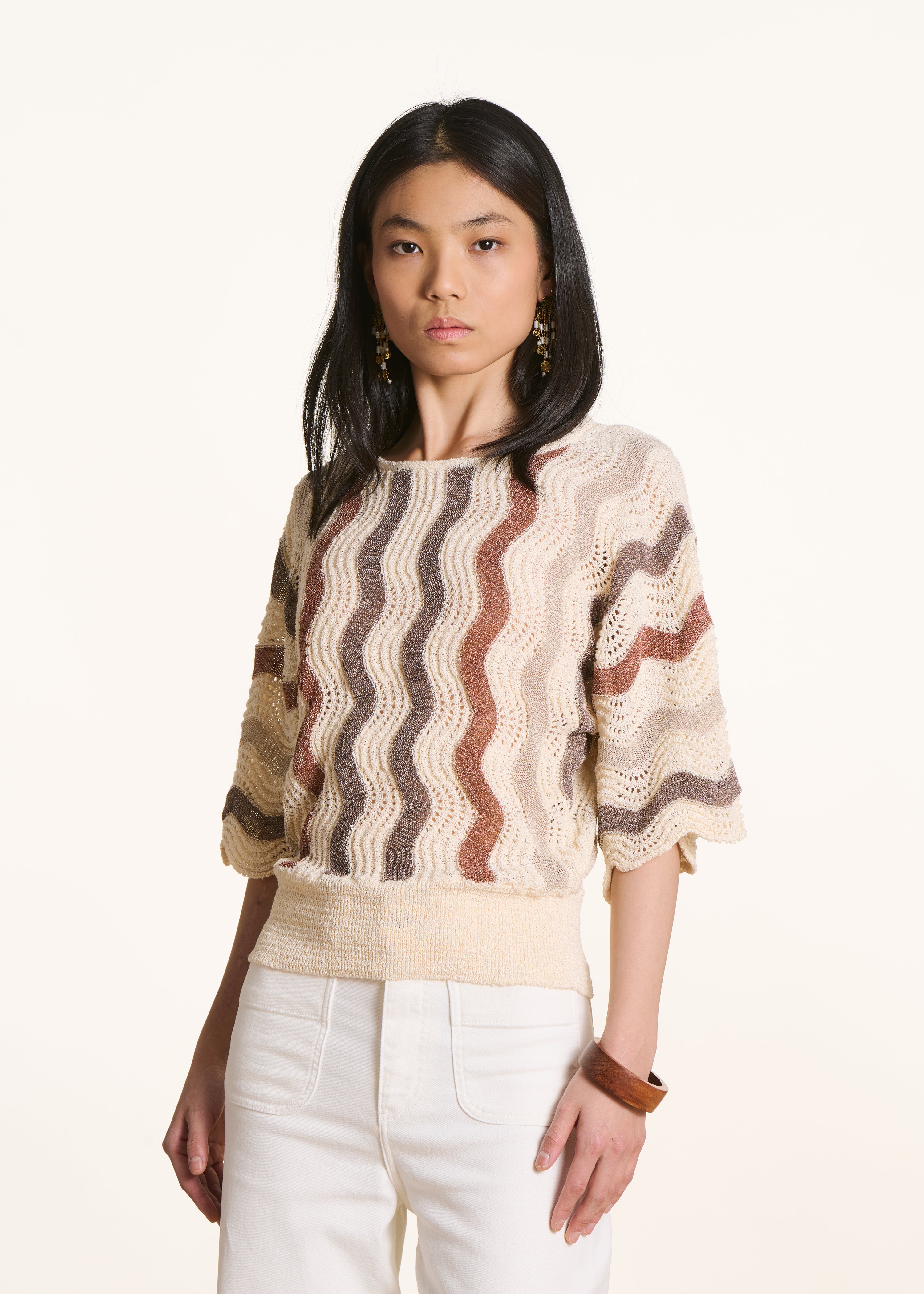 Maglione écru a righe maniche 3/4