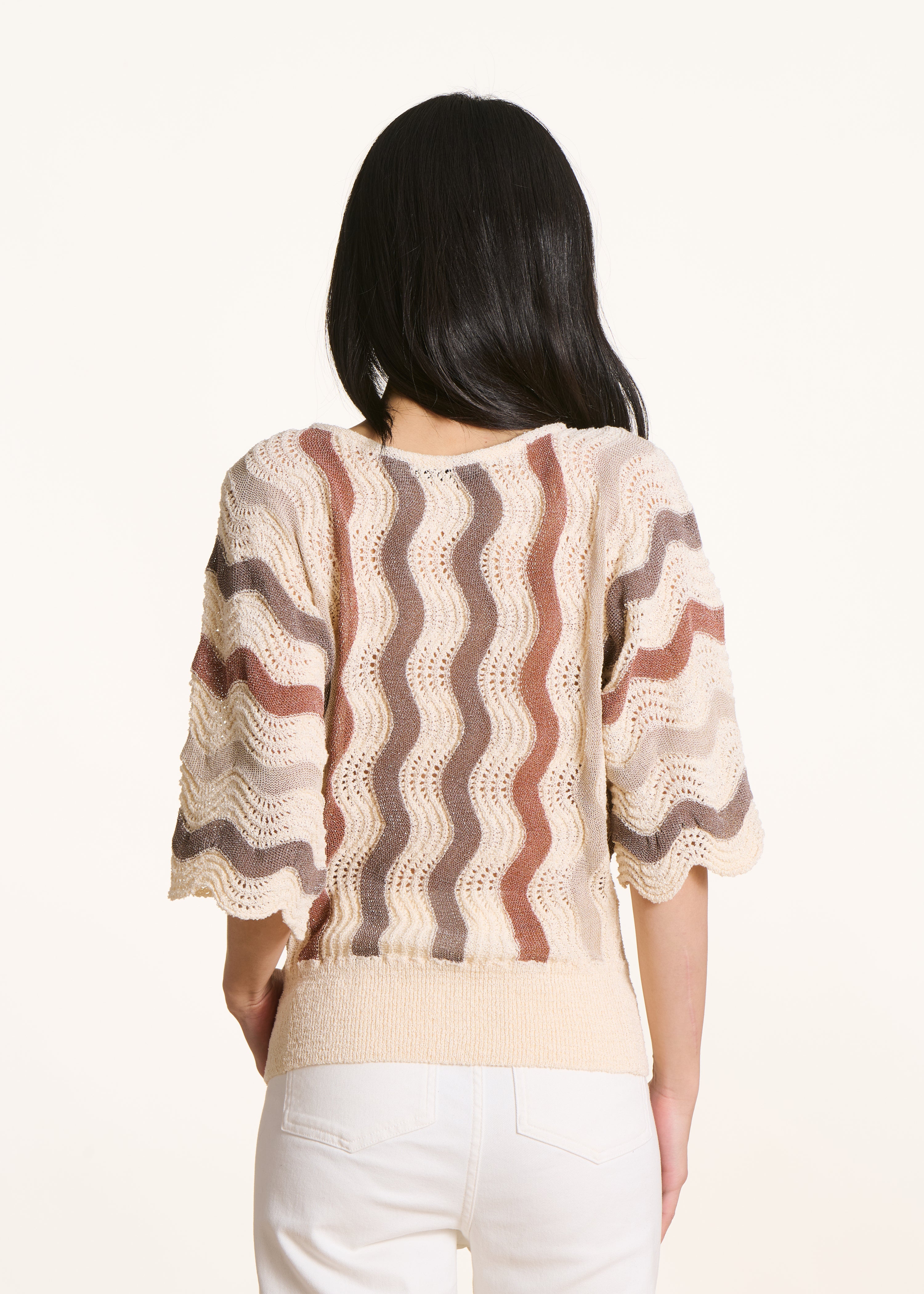 Maglione écru a righe maniche 3/4