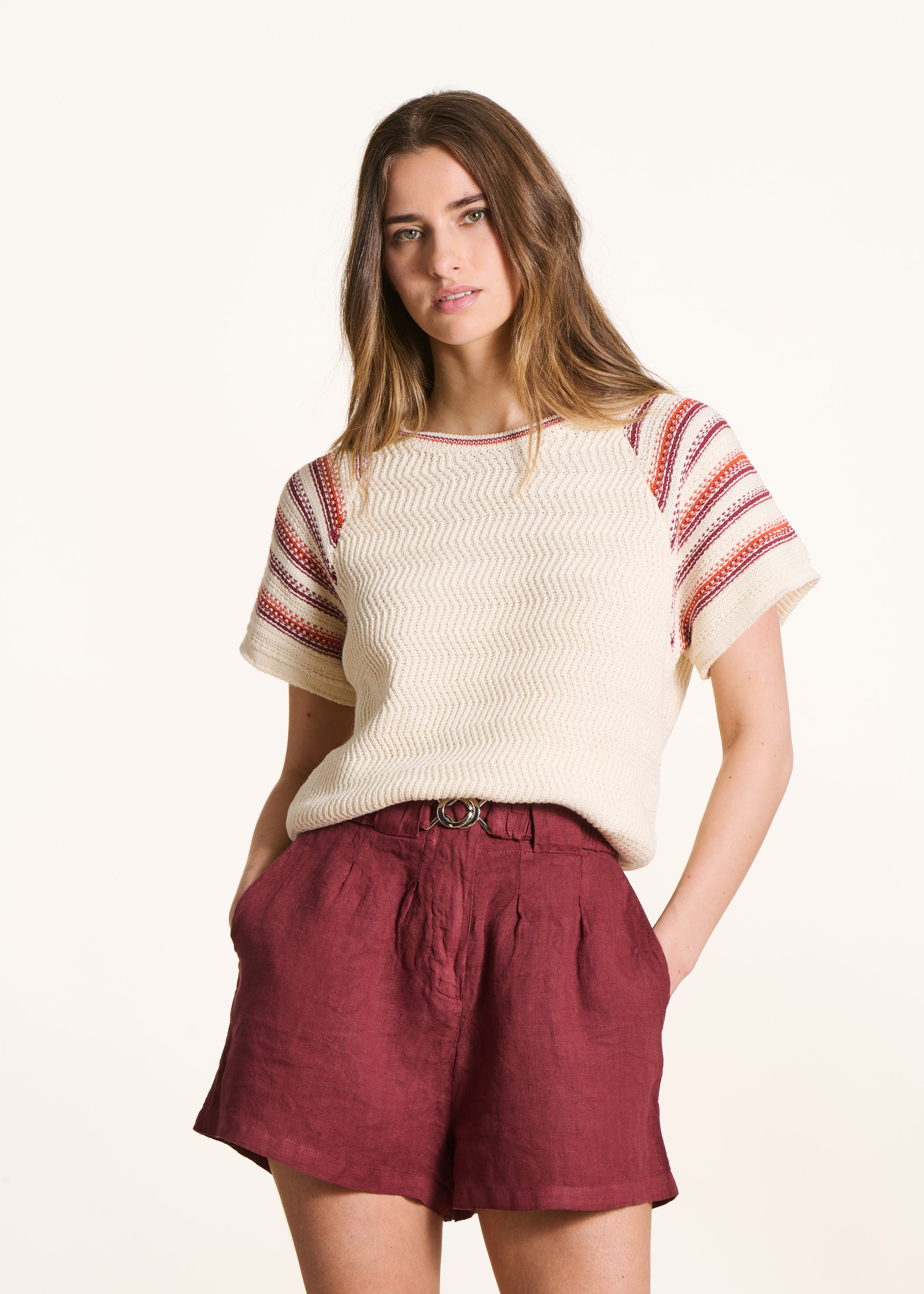 Ecru short-sleeve striped sweater