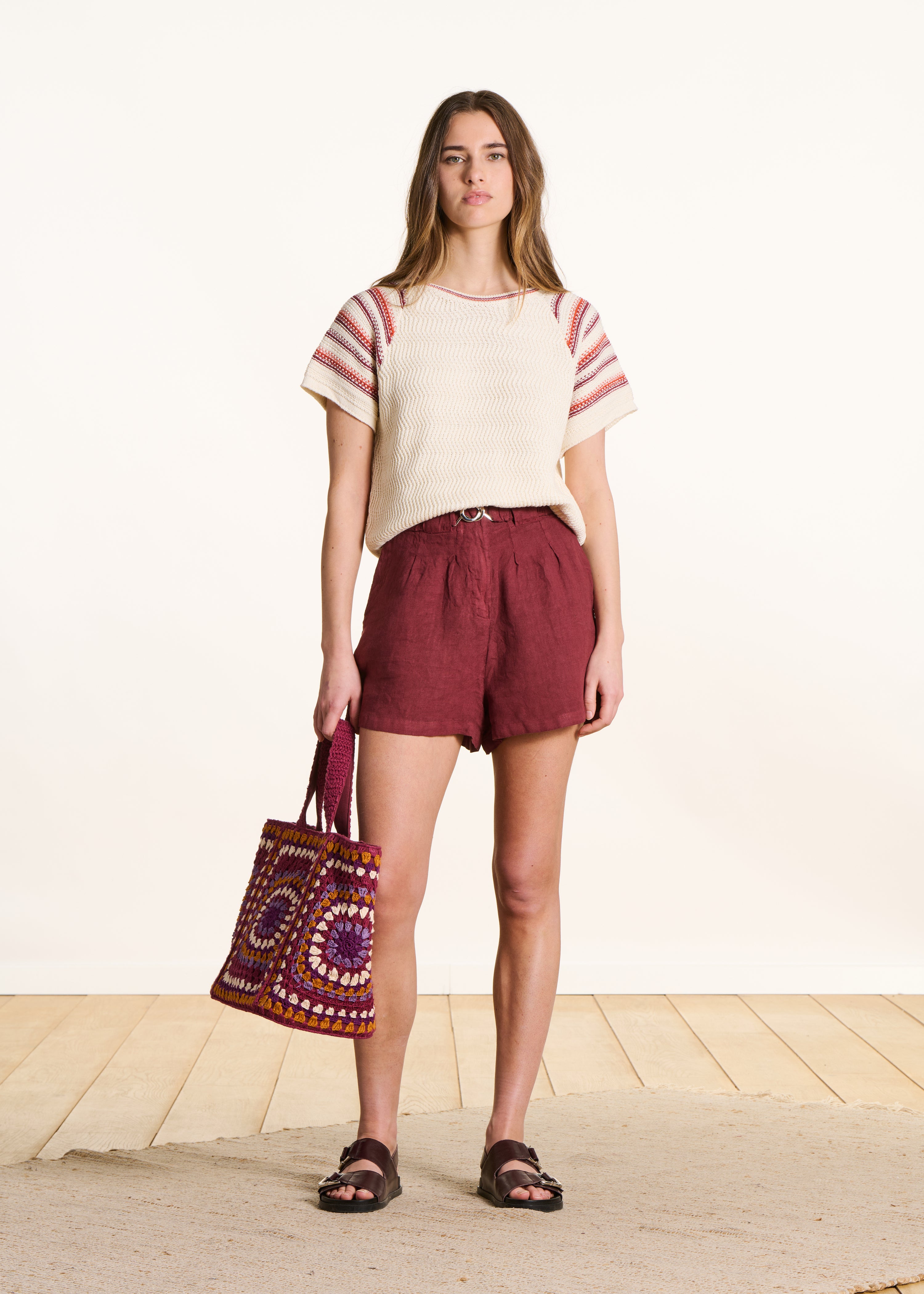 Ecru short-sleeve striped sweater