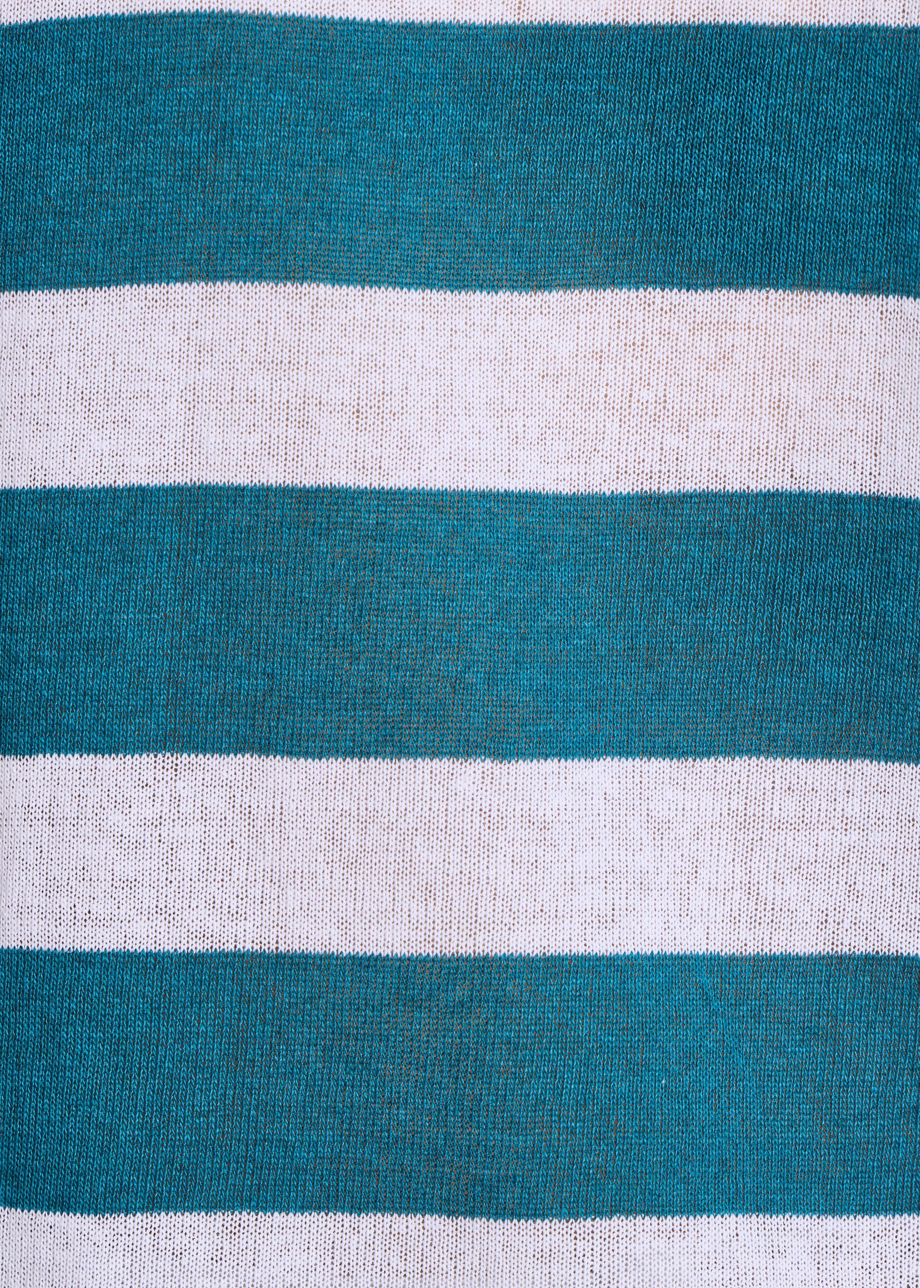 Loose petrol blue sweater with white stripes in fine knit, V-neck