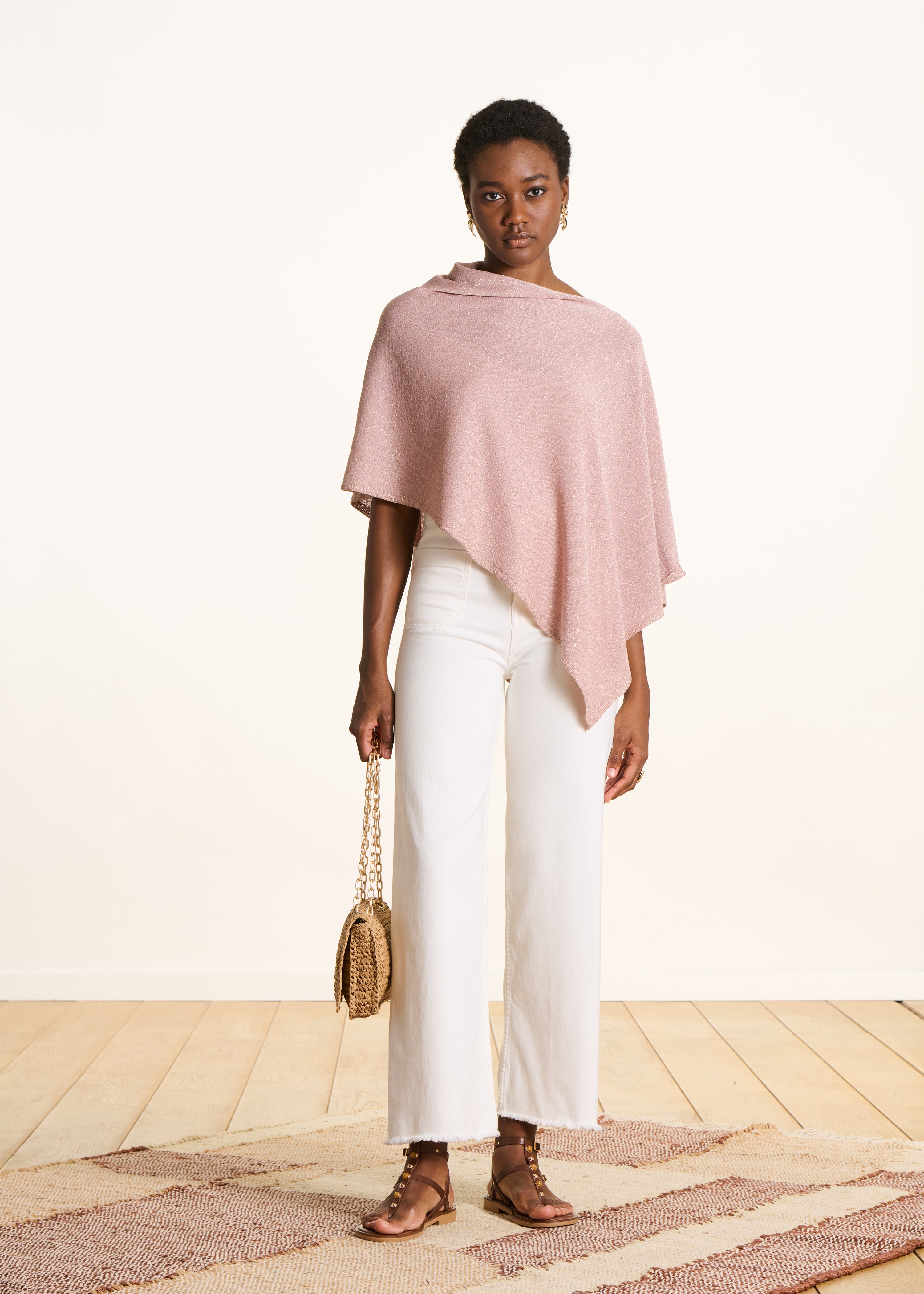 Light pink shimmering fine knit cape sweater