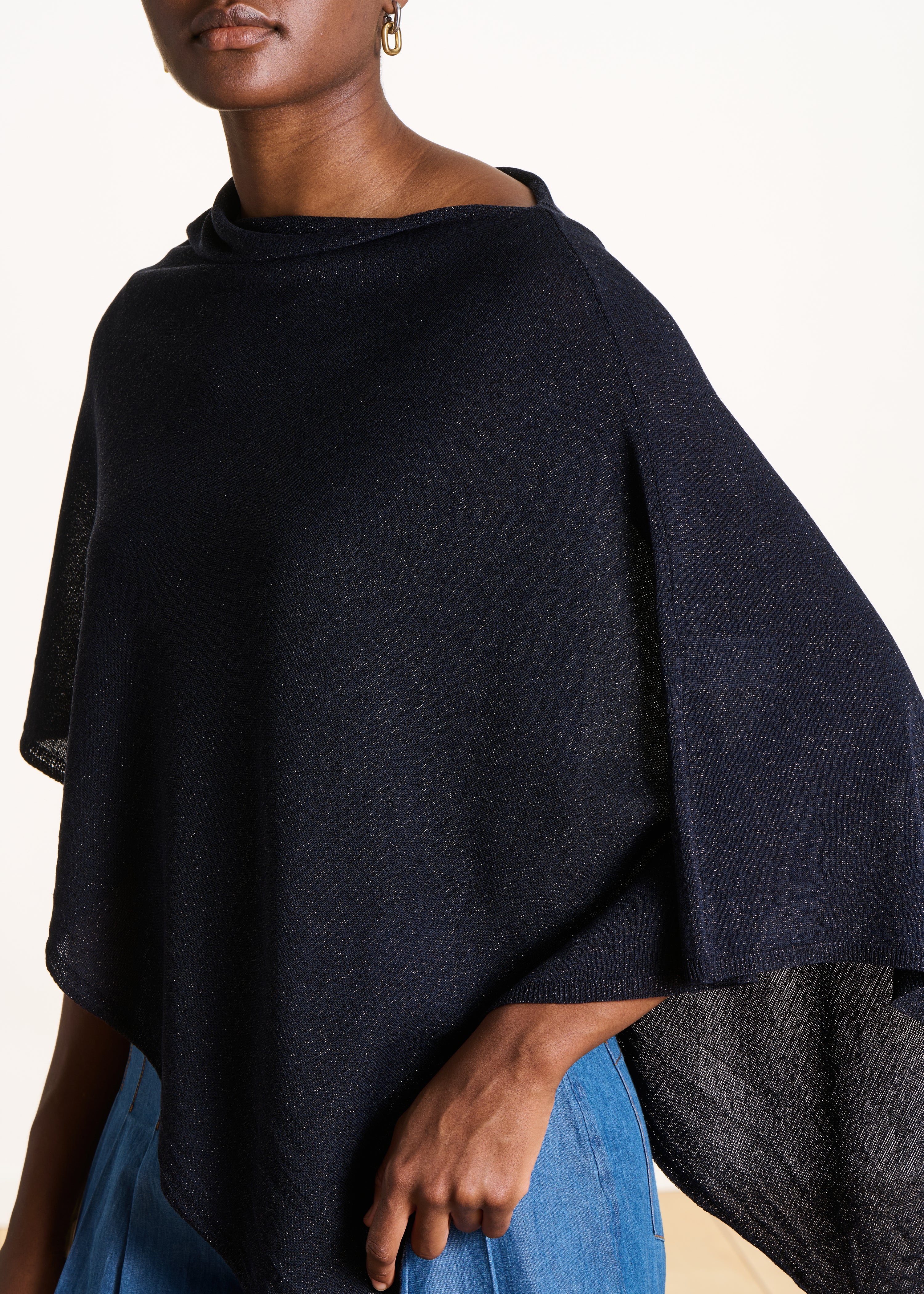 Fine-knit shimmering navy blue cape sweater