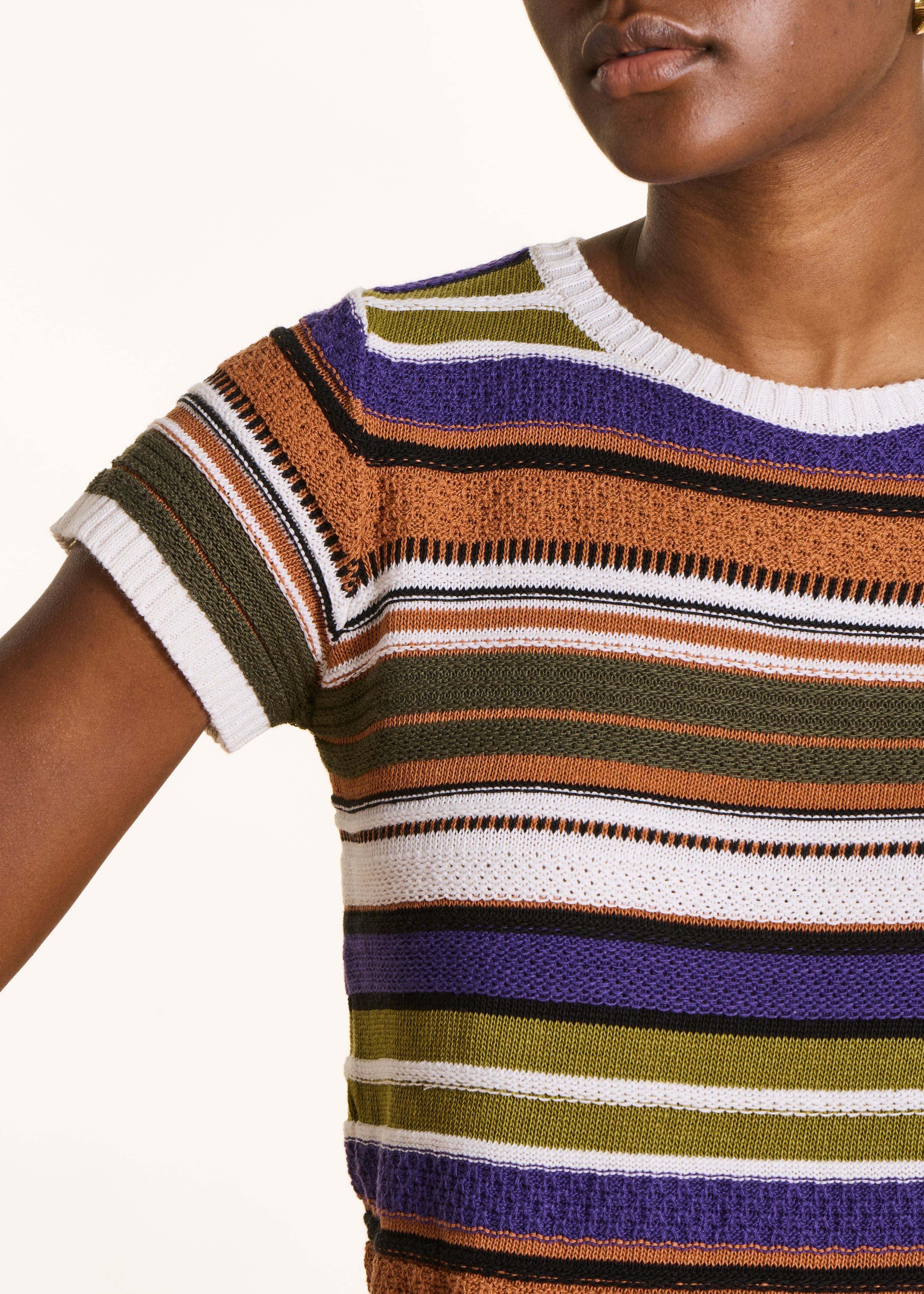 Pull à rayures multicolores kaki et camel
