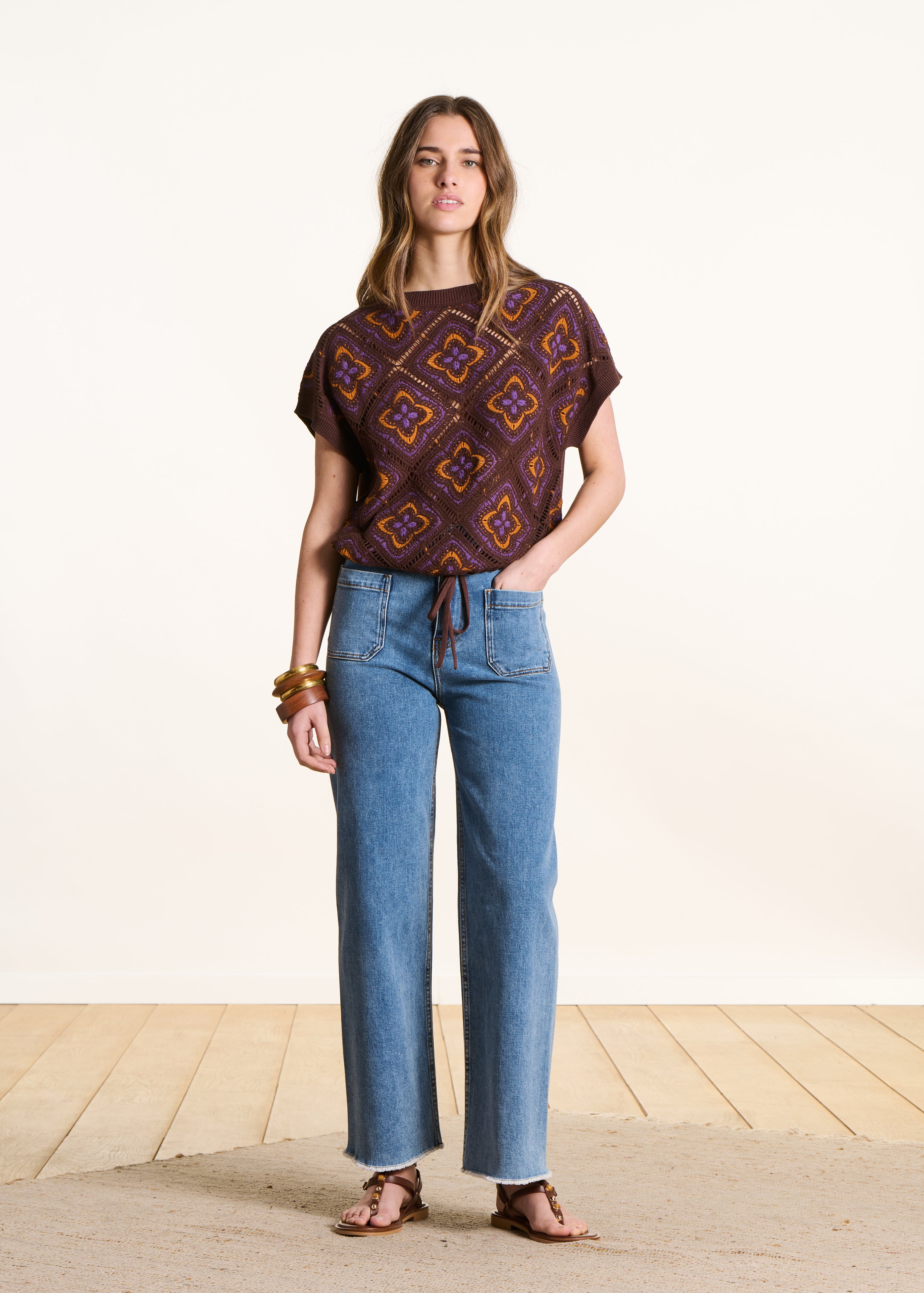 Pull marron manches courtes en maille crochet