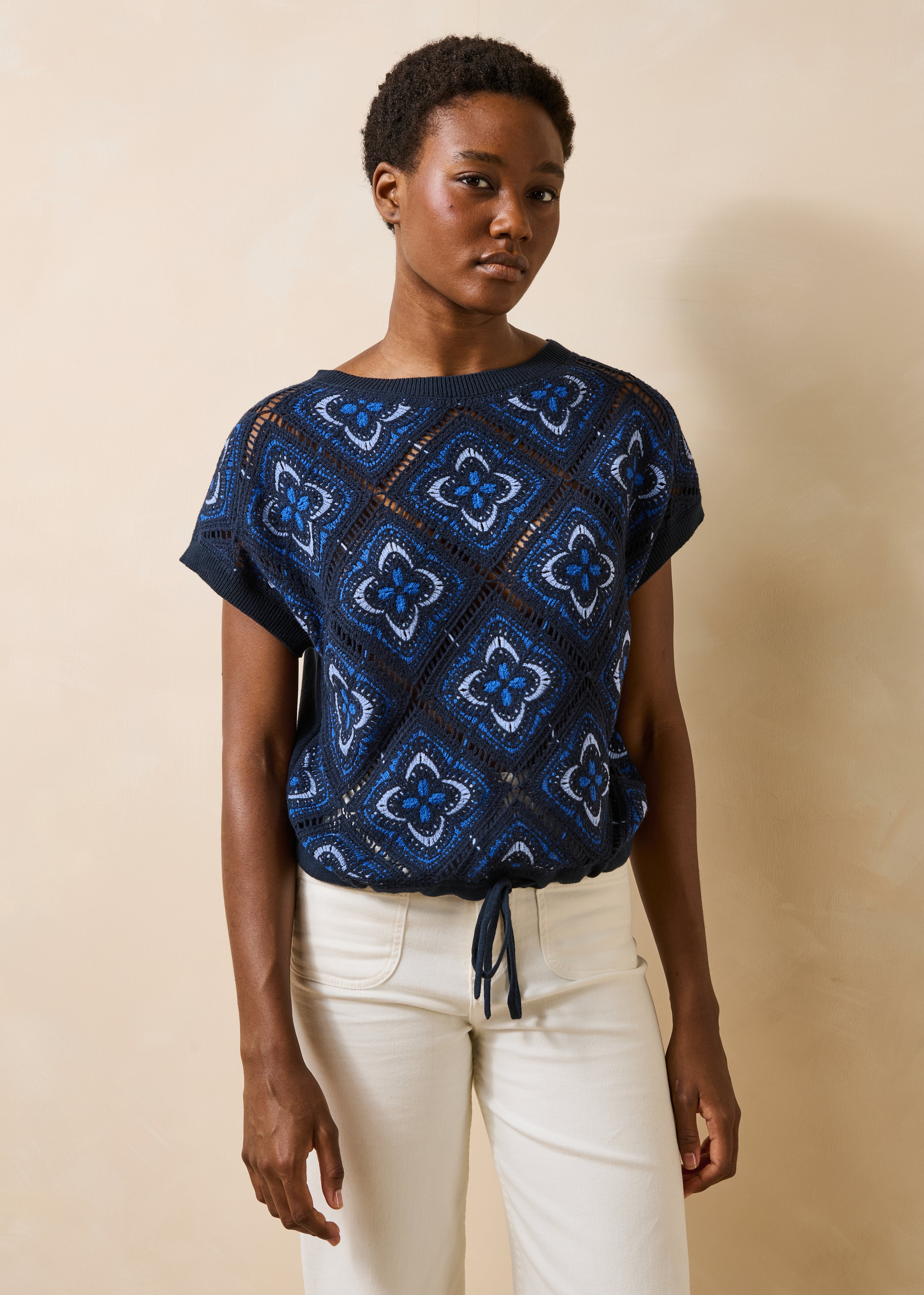 Blue short-sleeve crochet knit sweater