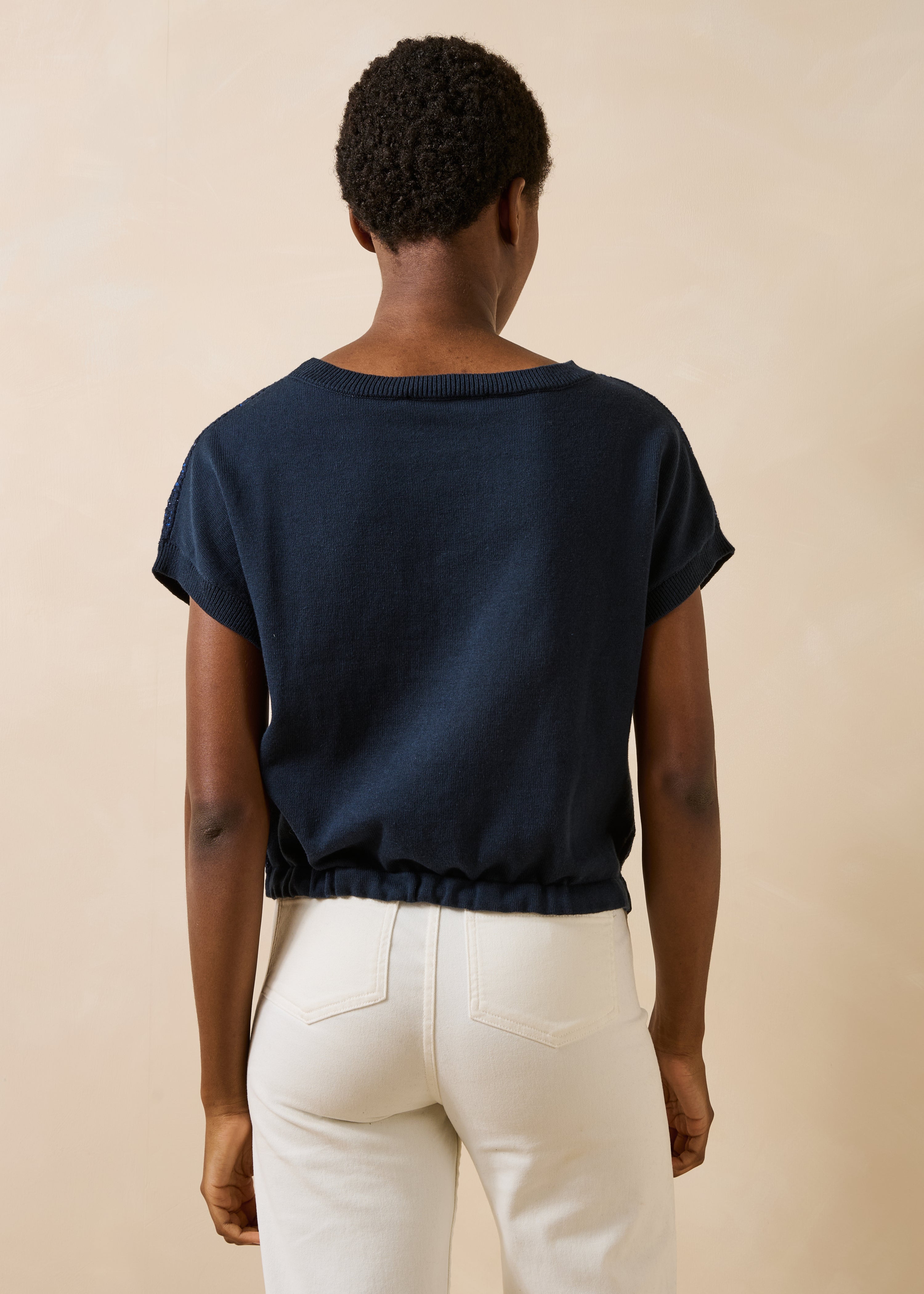 Blue short-sleeve crochet knit sweater