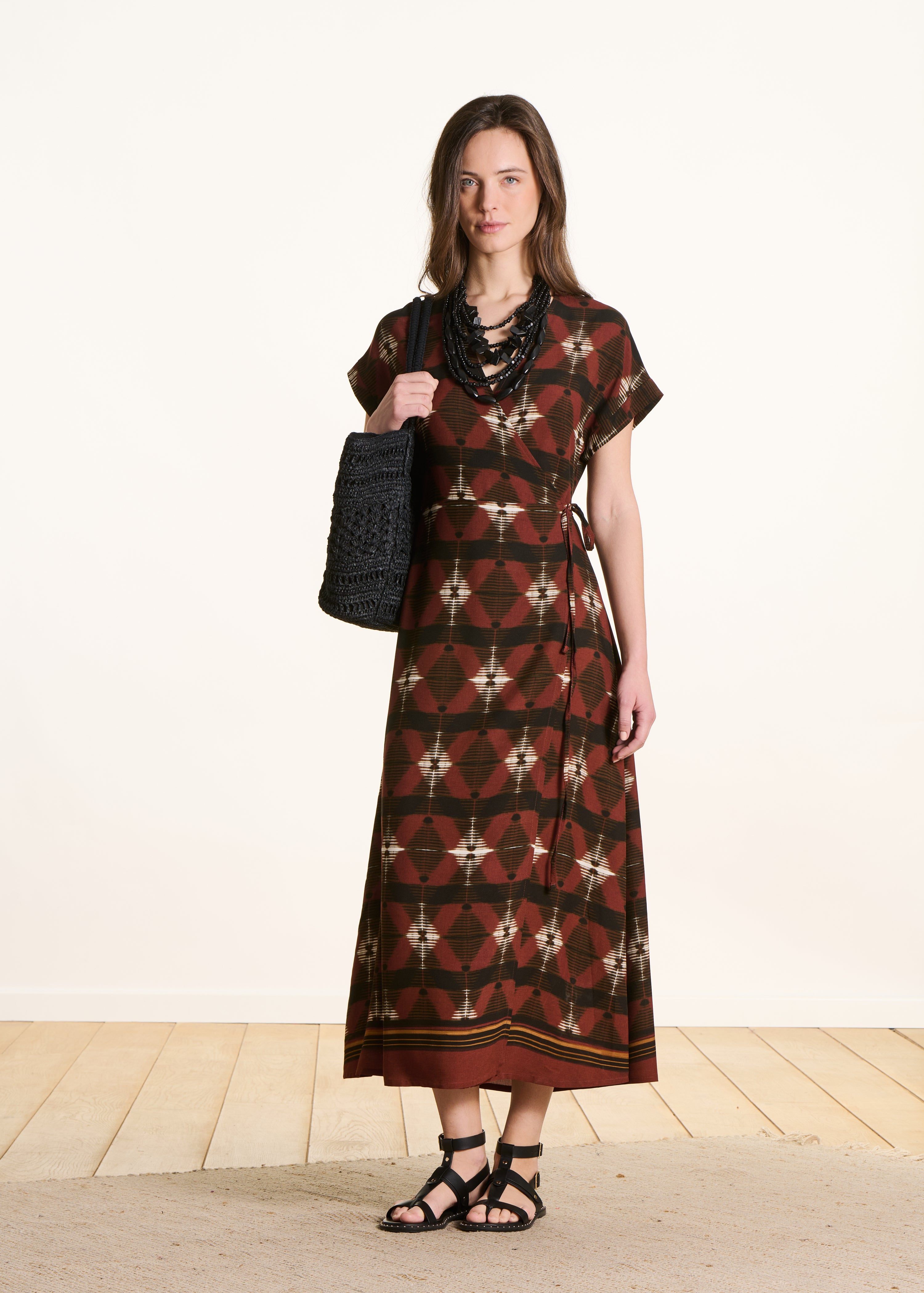 Brown long wrap dress with print