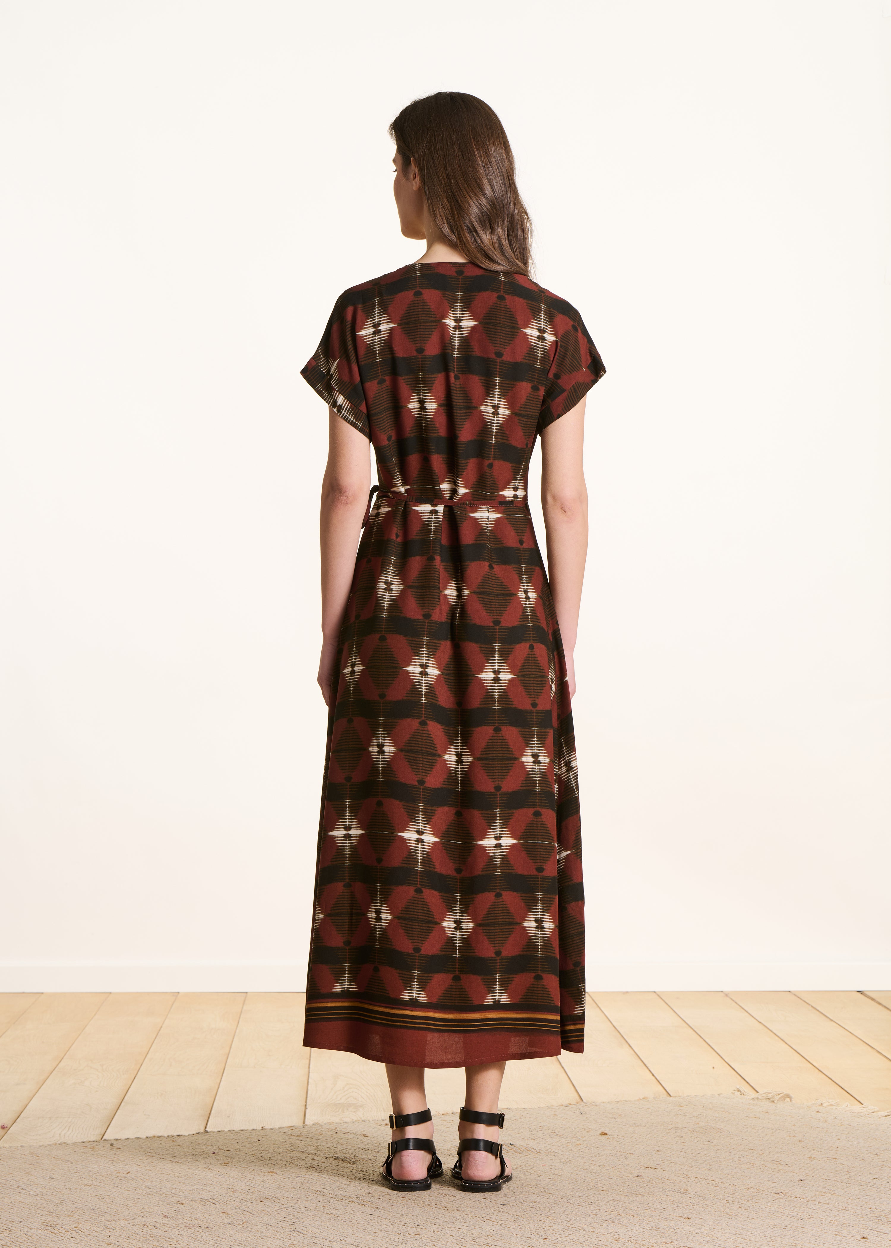 Brown long wrap dress with print