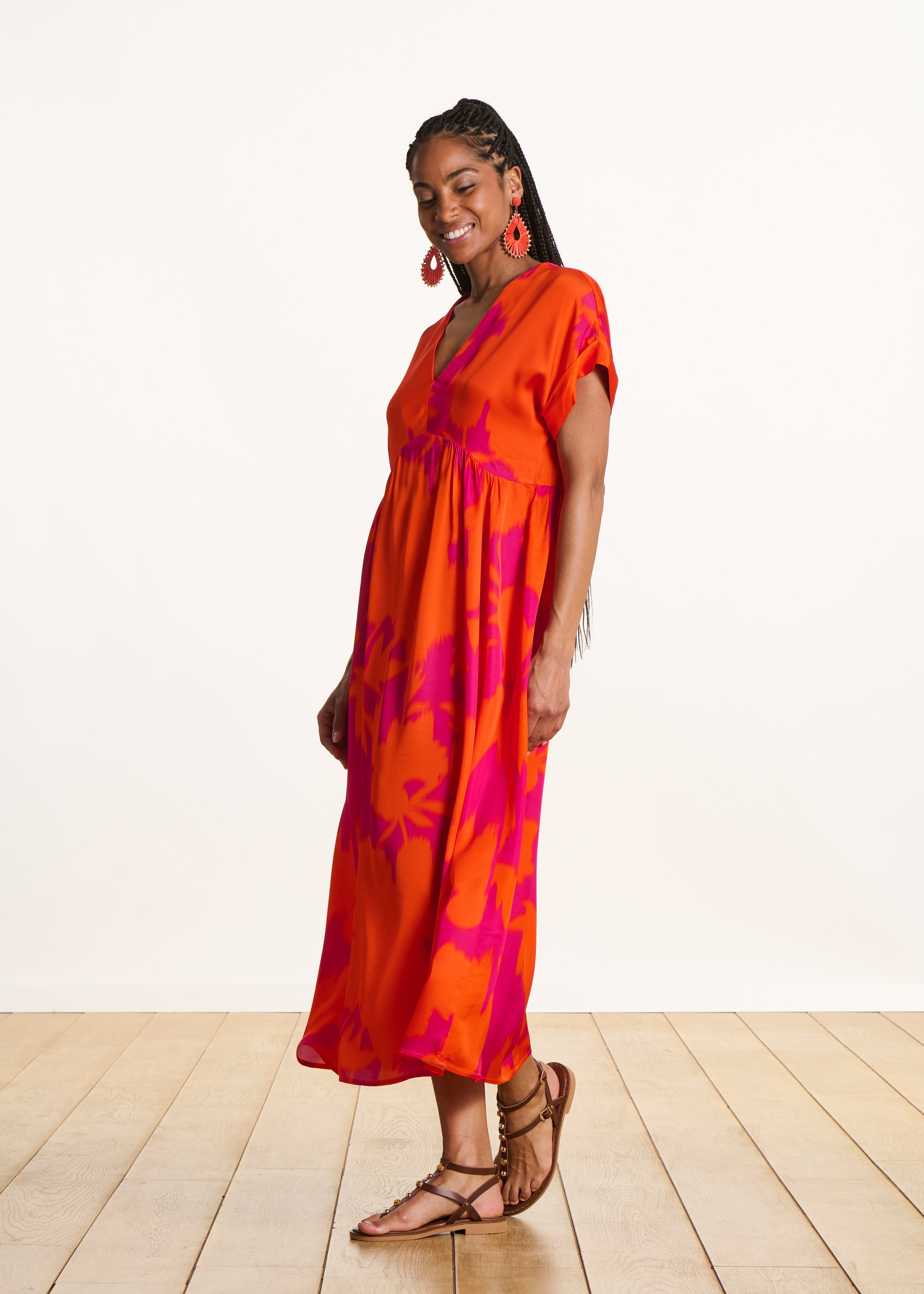 Long floral satin dress in pink and orange