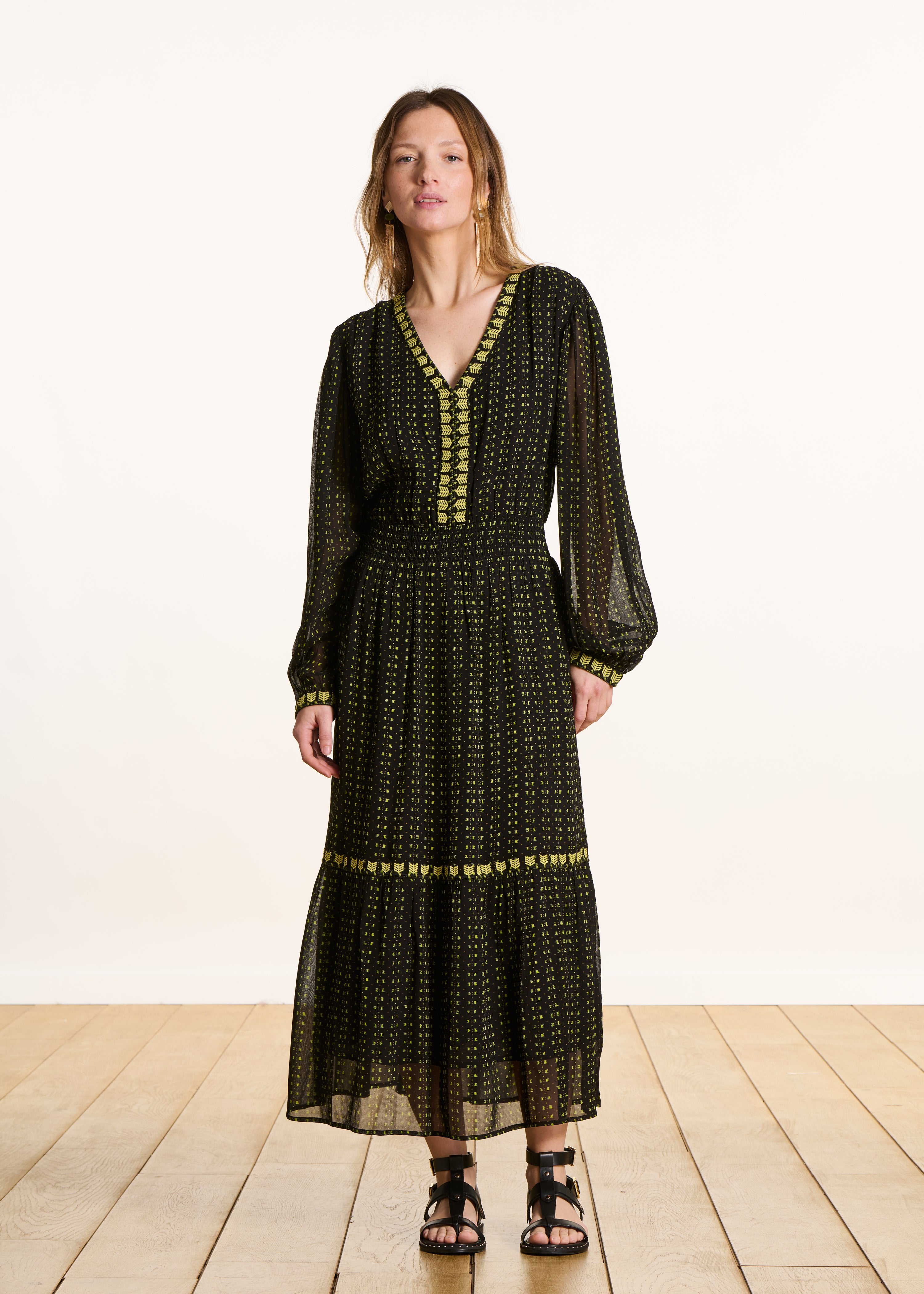 Fitted long dress in embroidered khaki voile with long sleeves
