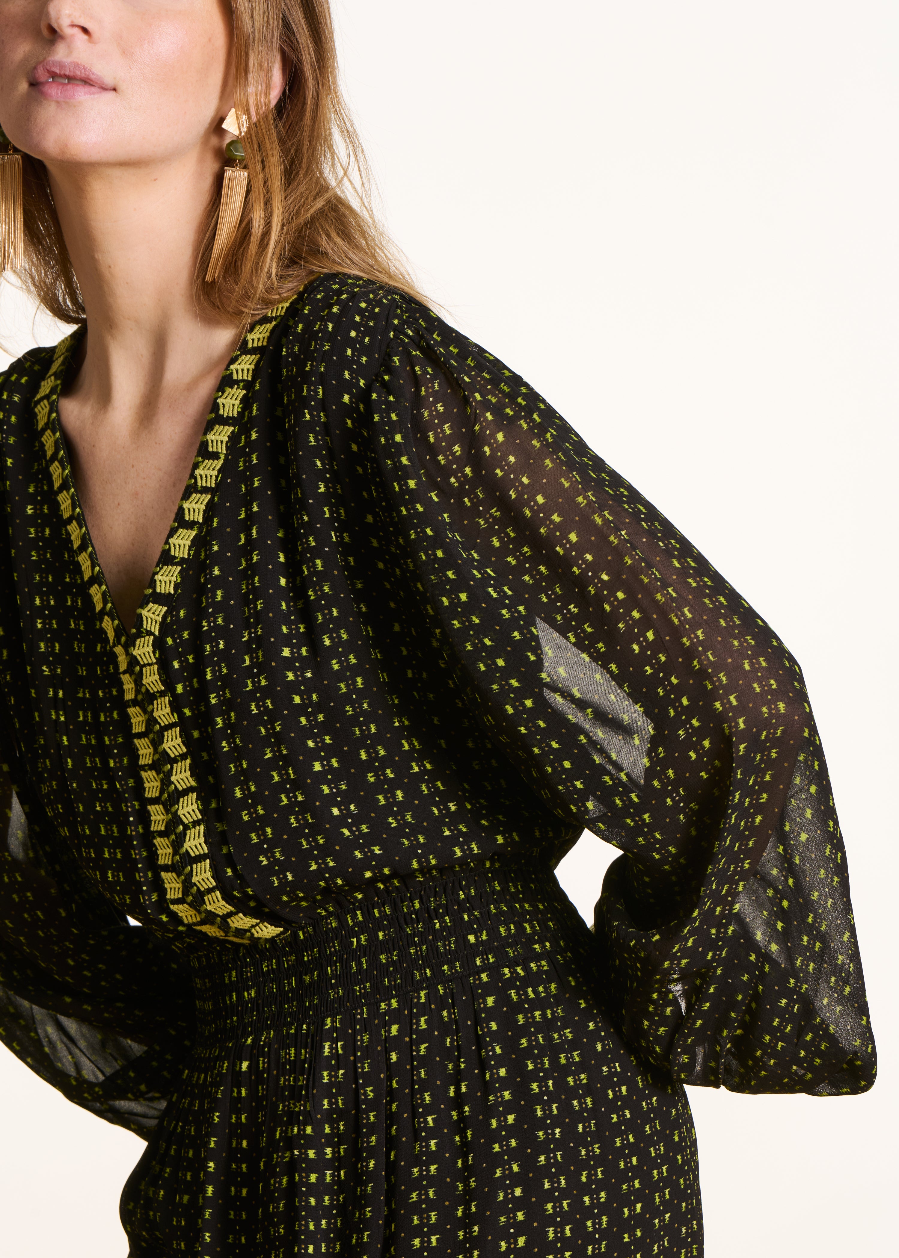 Fitted long dress in embroidered khaki voile with long sleeves
