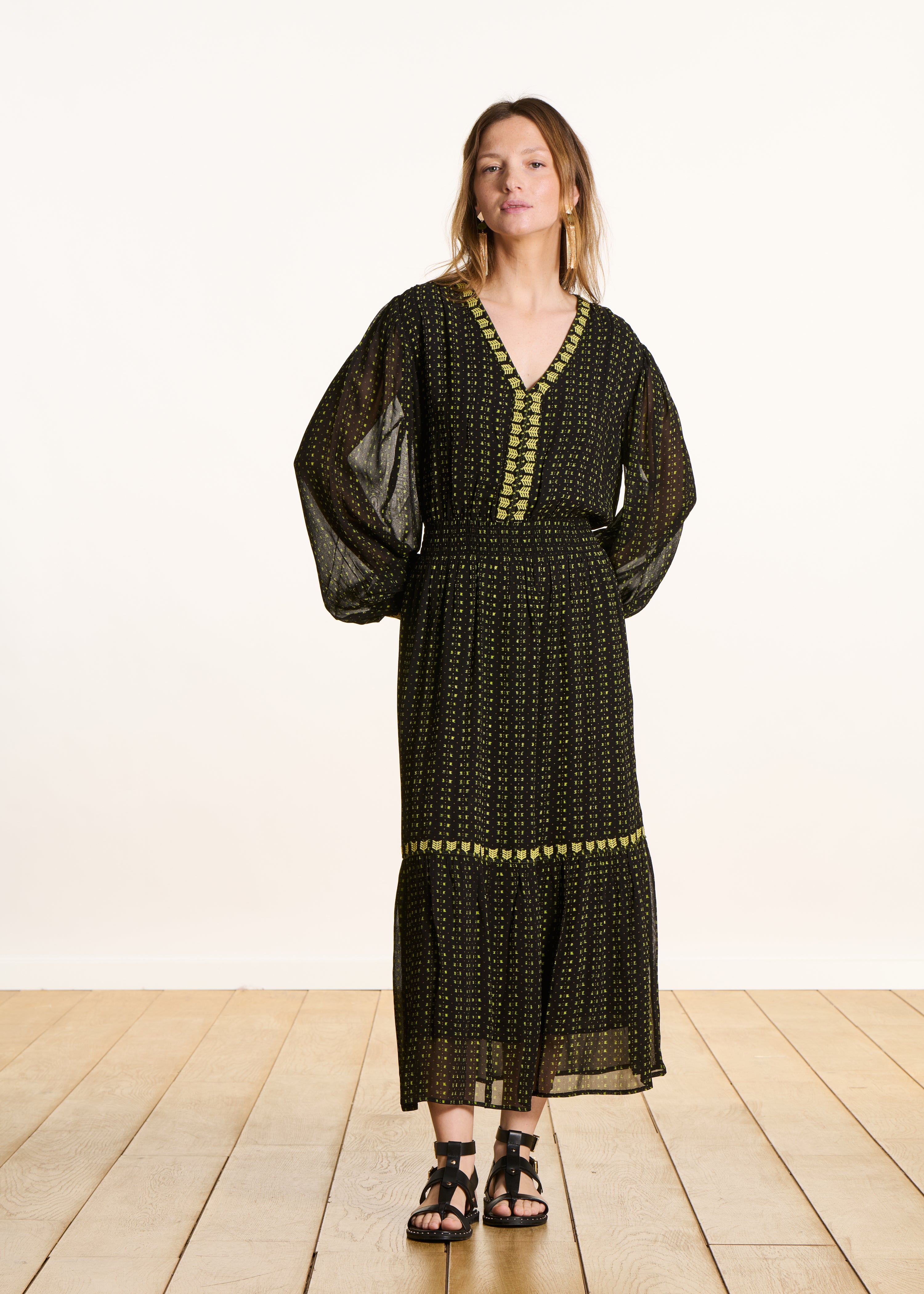 Fitted long dress in embroidered khaki voile with long sleeves