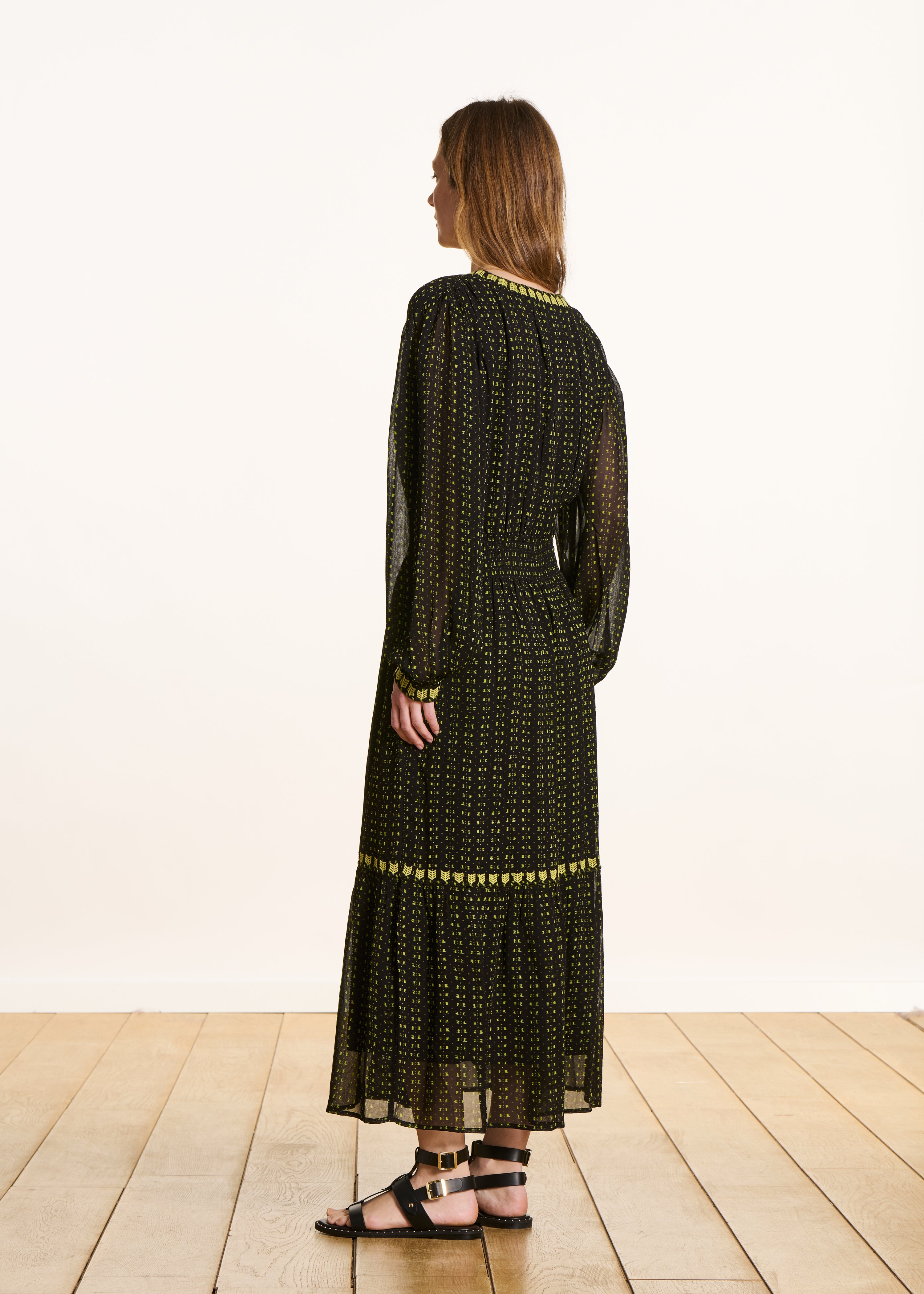 Fitted long dress in embroidered khaki voile with long sleeves