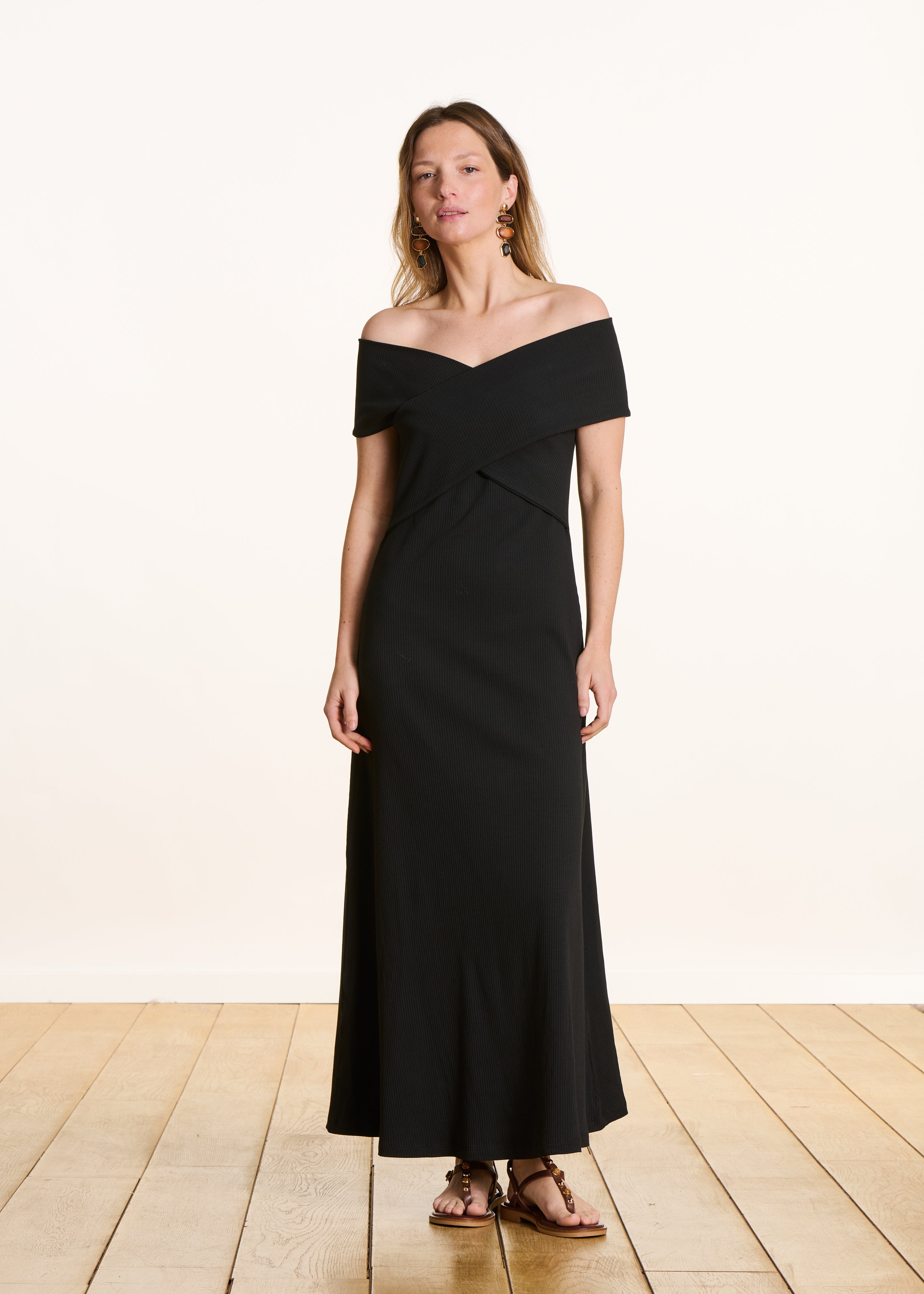 Black fitted midi dress with crossed Bardot neckline