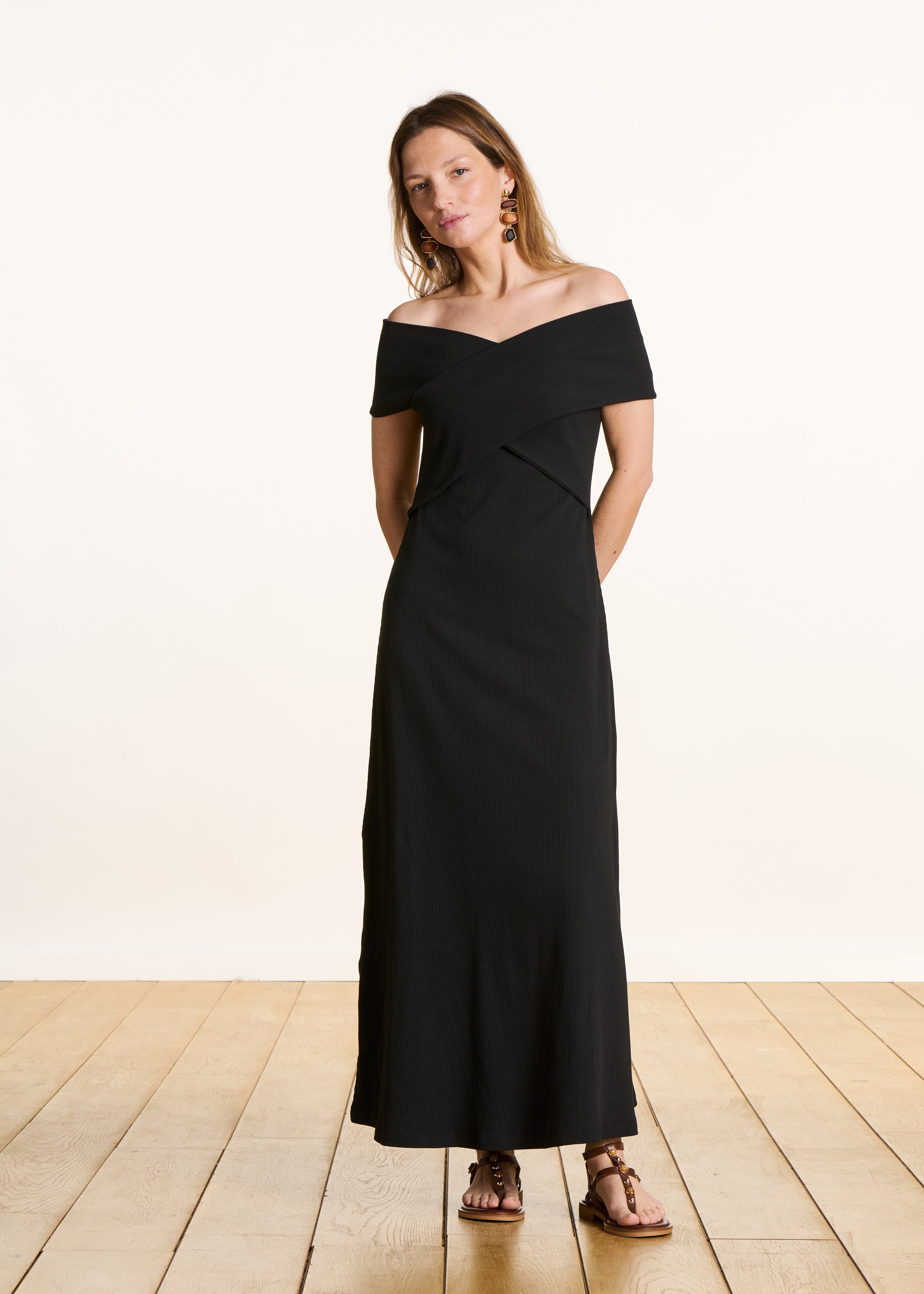 Black fitted midi dress with crossed Bardot neckline