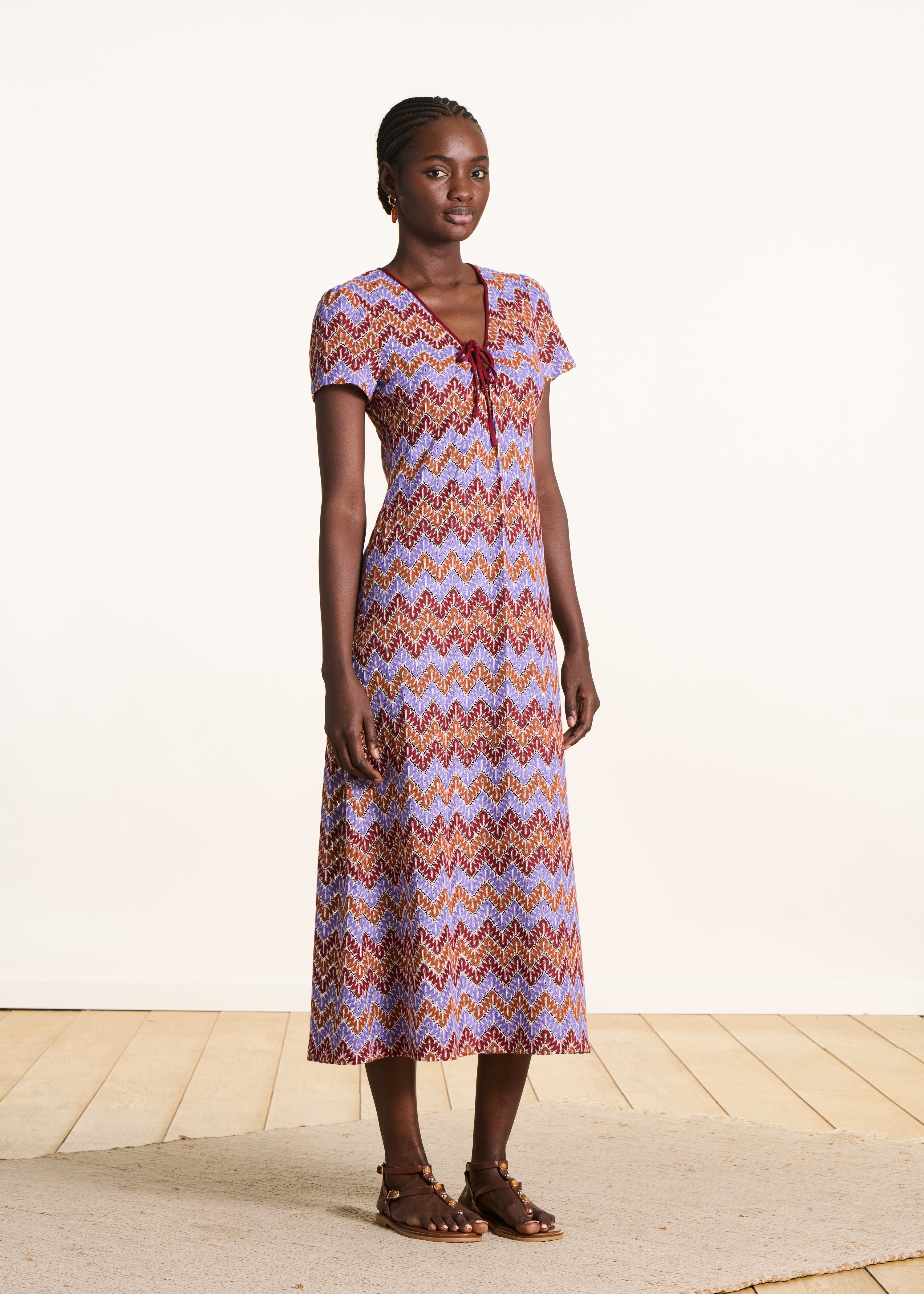 Short Sleeve Midi Dress in Purple Crochet