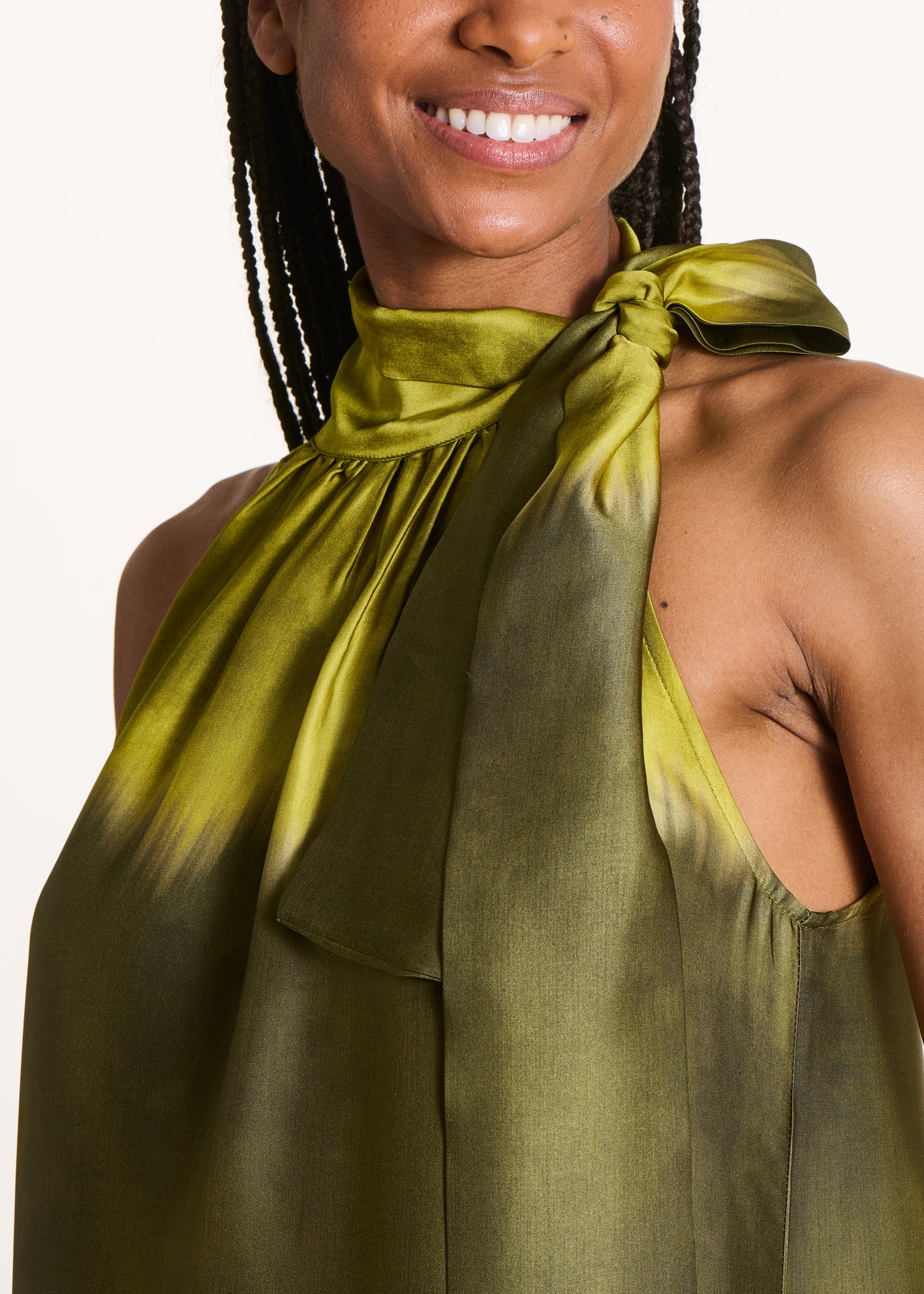 Long fluid green satin dress with tie-dye print