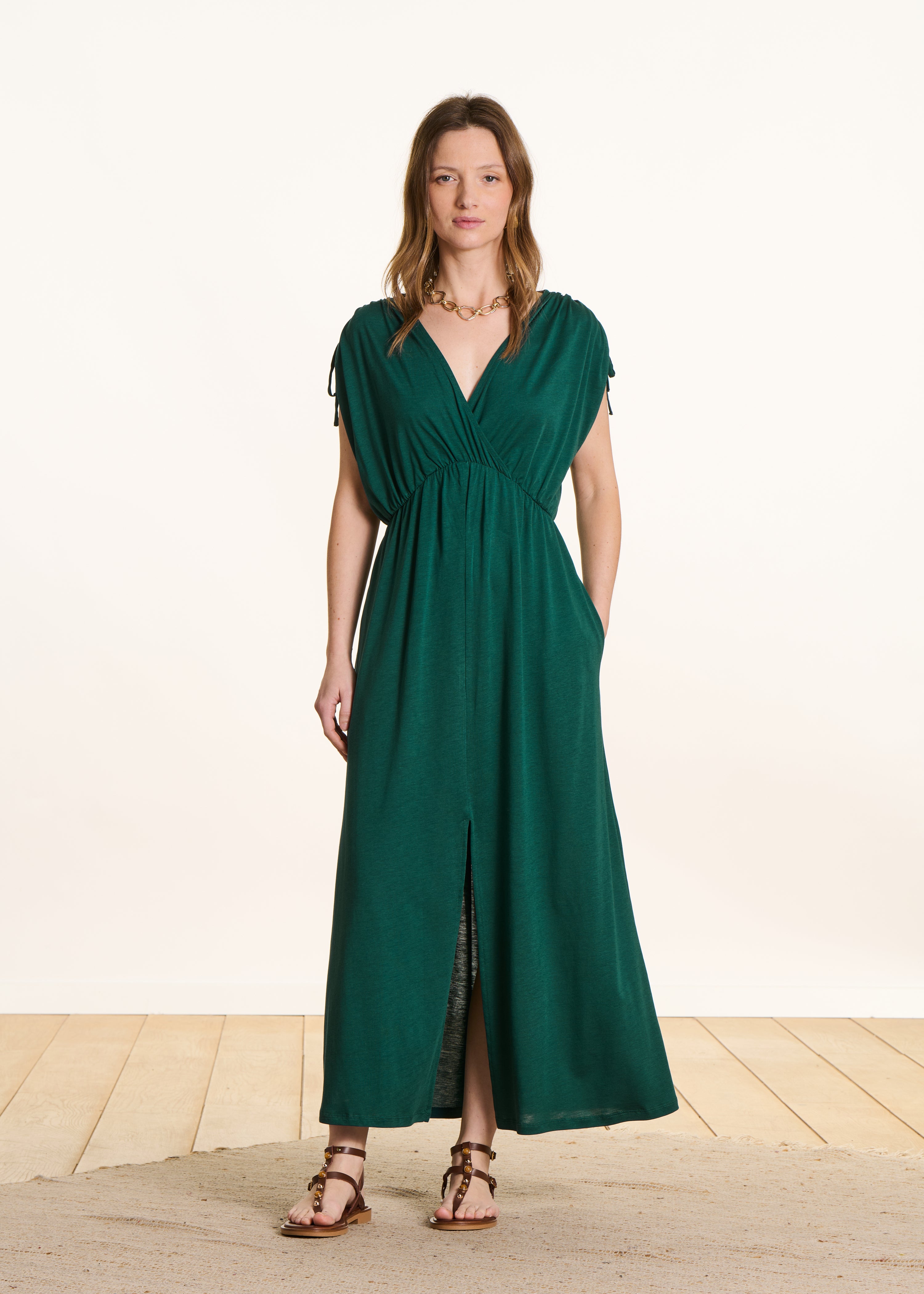 Robe longue vert pétrole en lyocell